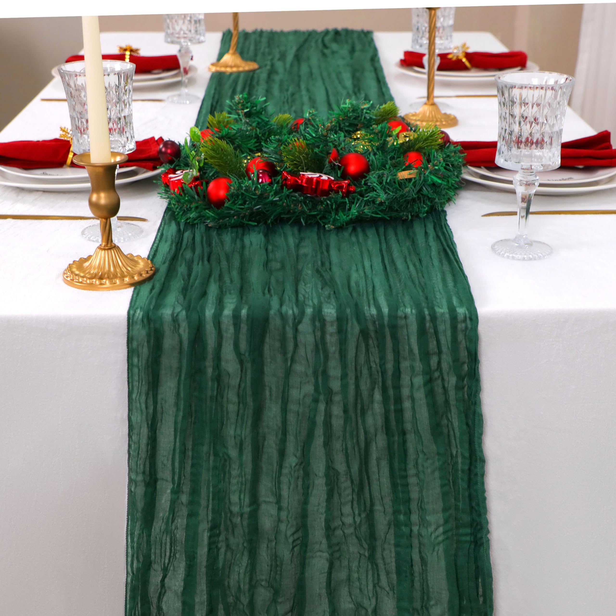 Snowkingdom 6 PCS Emerald Green Table Runner 120 Inch 10 Ft Rustic Boho Dark Green Cheese Cloth Runner for Wedding Bridal Baby S