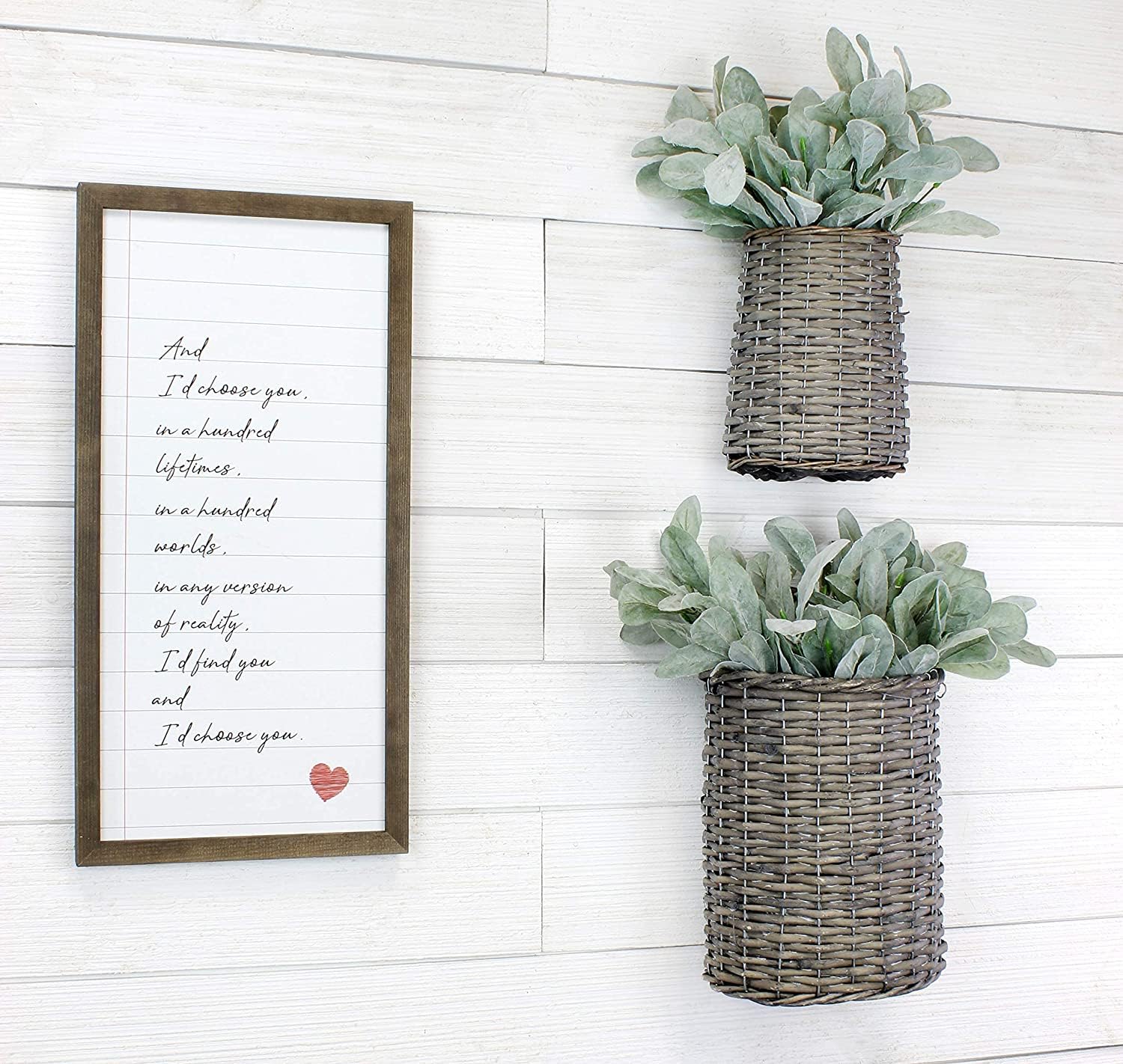 AuldHome Wall Hanging Baskets (Set of 2  Gray); Woven Wicker Rustic Farmhouse Gray Washed Door Baskets  Small and Medium Size