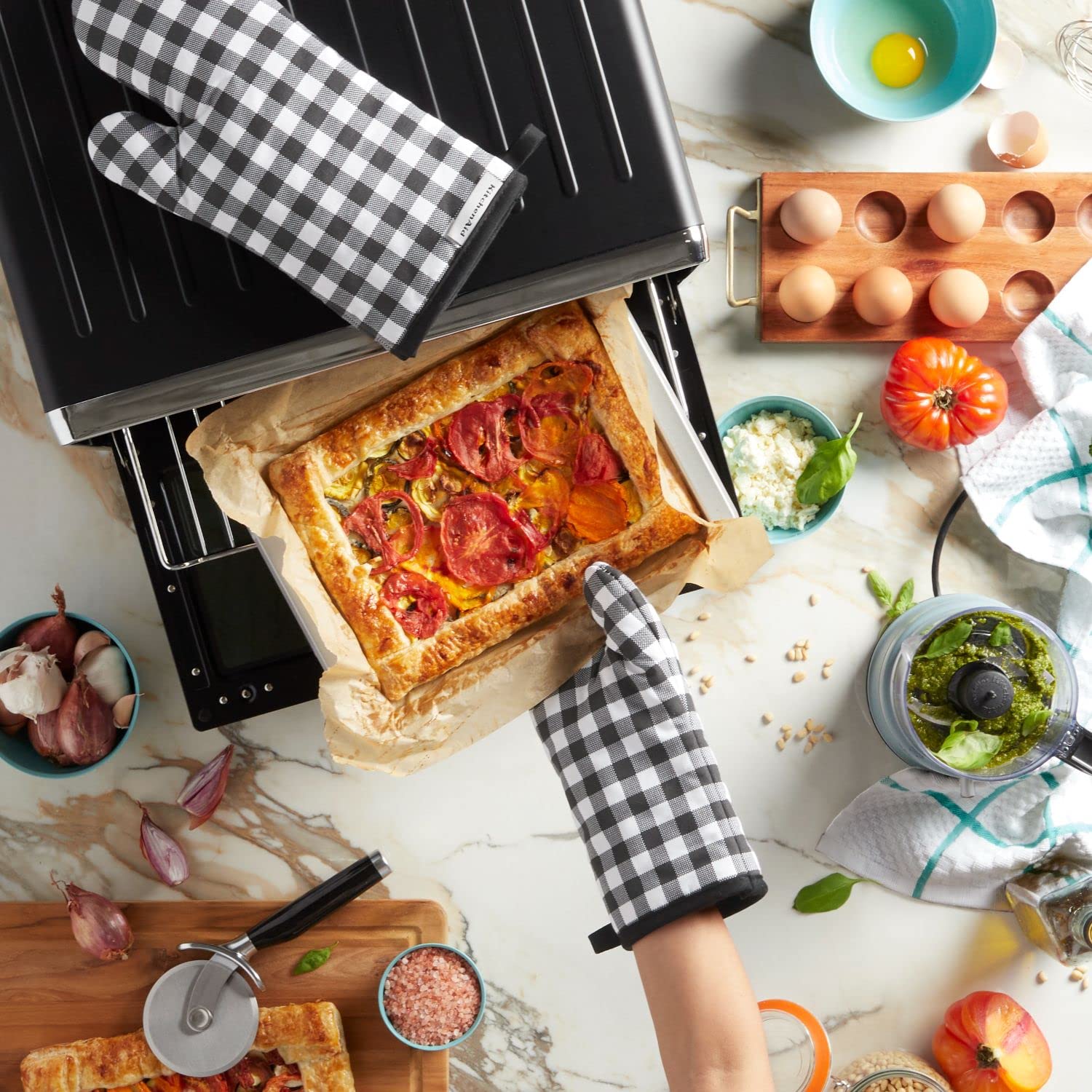 Kitchenaid Gingham Oven Mitt 2-Pack Set, Onyx Black, 7''X13''