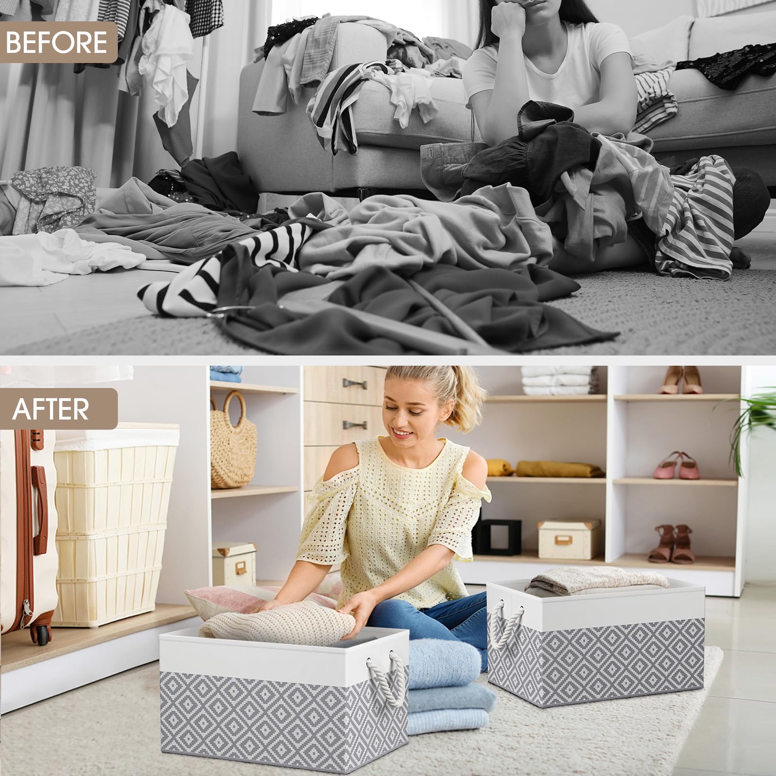 StorageTastic Storage Bins, 3-Pack Large Storage Box with Rope Handles, Collapsible Storage Basket for Organizing Books, Clothes