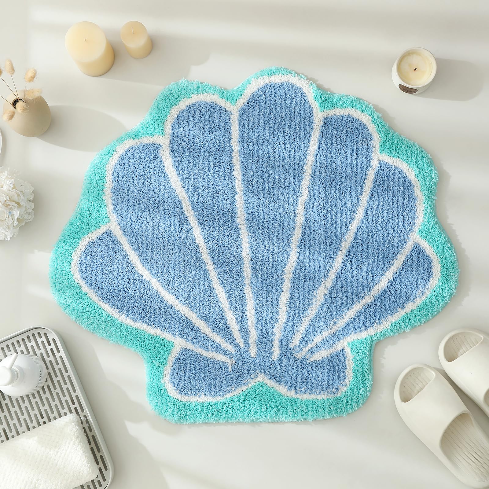 Yrxrus Seashells Bathroom Rug, Valentine'S Day Decoration Blue Bathroom Rugs, Ocean Decor Shell Bath Mat Gifts, Cute Seashell Sh