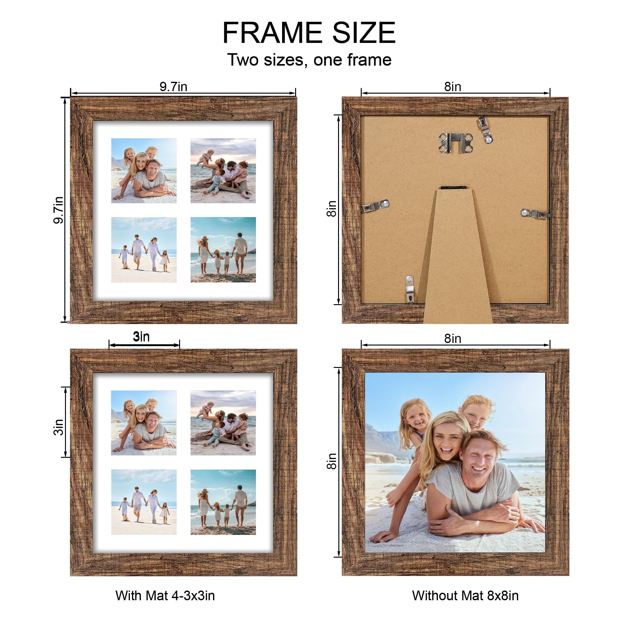 Hongkee 8x8 Picture Frame Set of 2, with Glass and Rustic Brown Wood Frames, Display Collage Four Opening 3x3 With Mat or 8 x 8