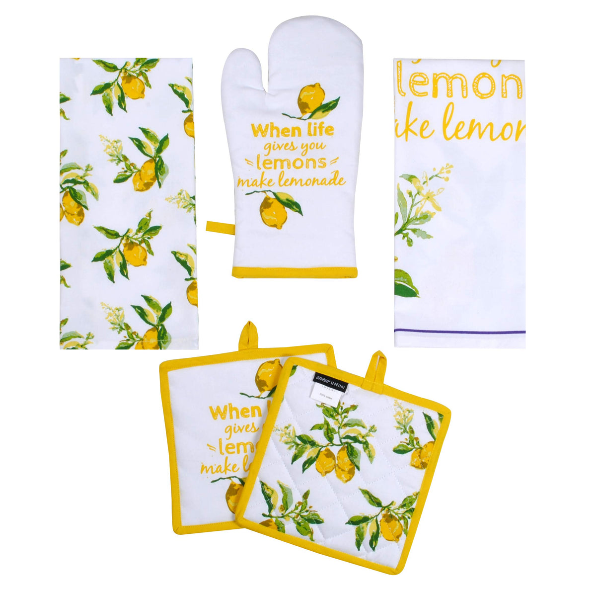 Amour Infini Pot Holders, Oven Mitt And Kitchen Towel Heat Resistant 5-Piece Cotton Kitchen Set Perfect For Cooking, Baking, And