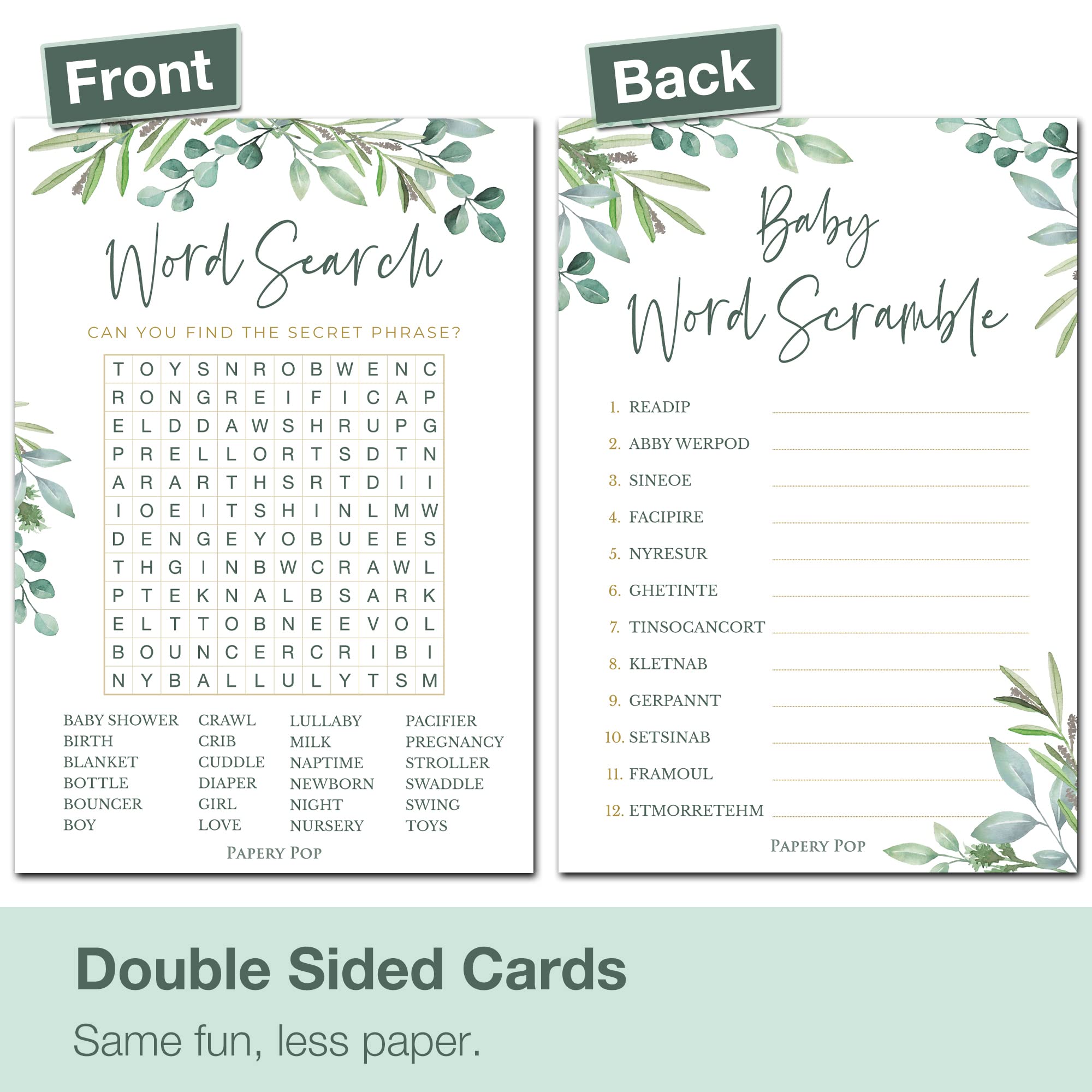 Baby Shower Games For Boy Or Girl - Set Of 4 Games For 30 Guests - Double Sided Cards - Floral Greenery Eucalyptus Flowers