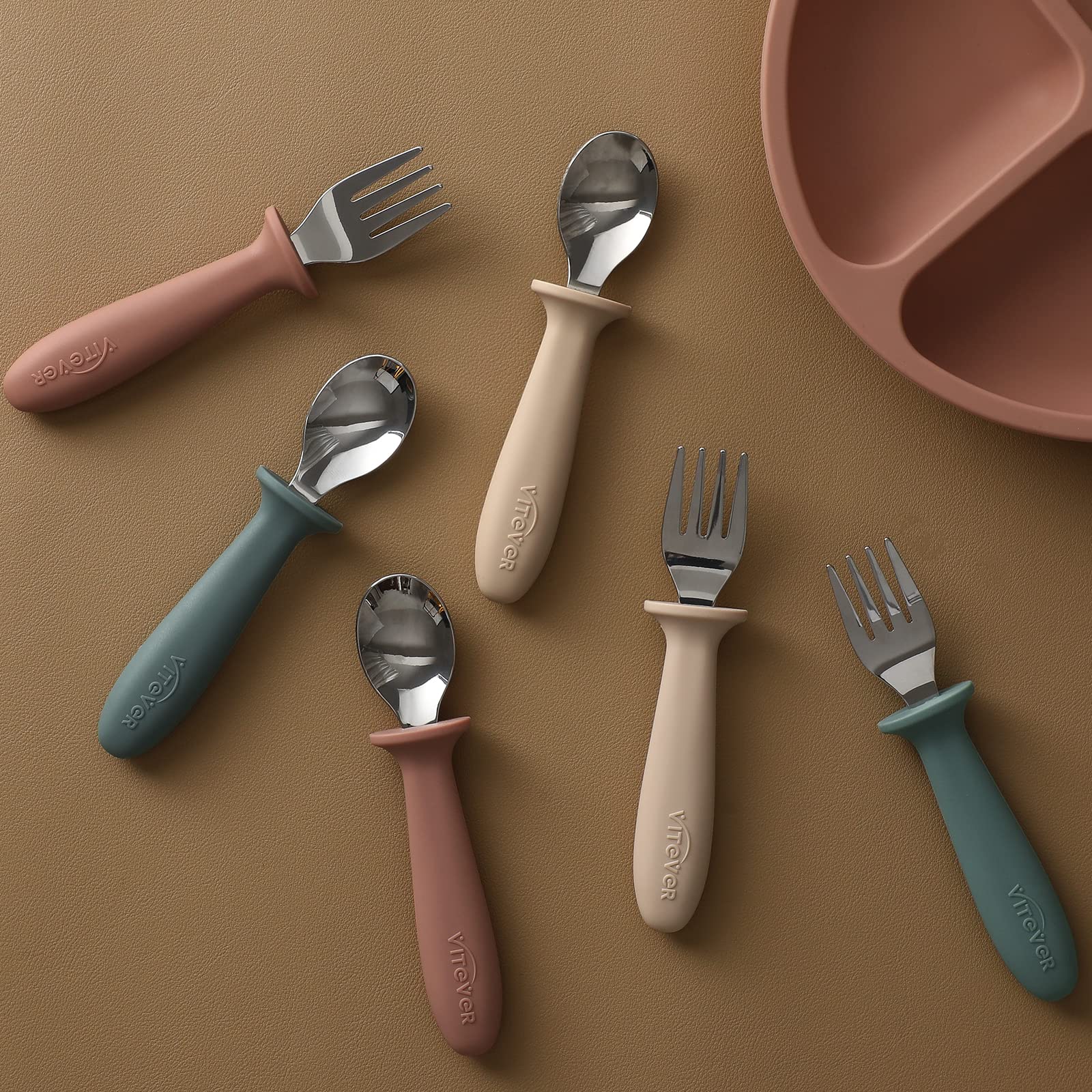 VITEVER 6 Pieces Toddler Utensils, Kids Silverware Set with Silicone Handle, Children Safe Spoons and Forks, 18/8 Stainless Stee