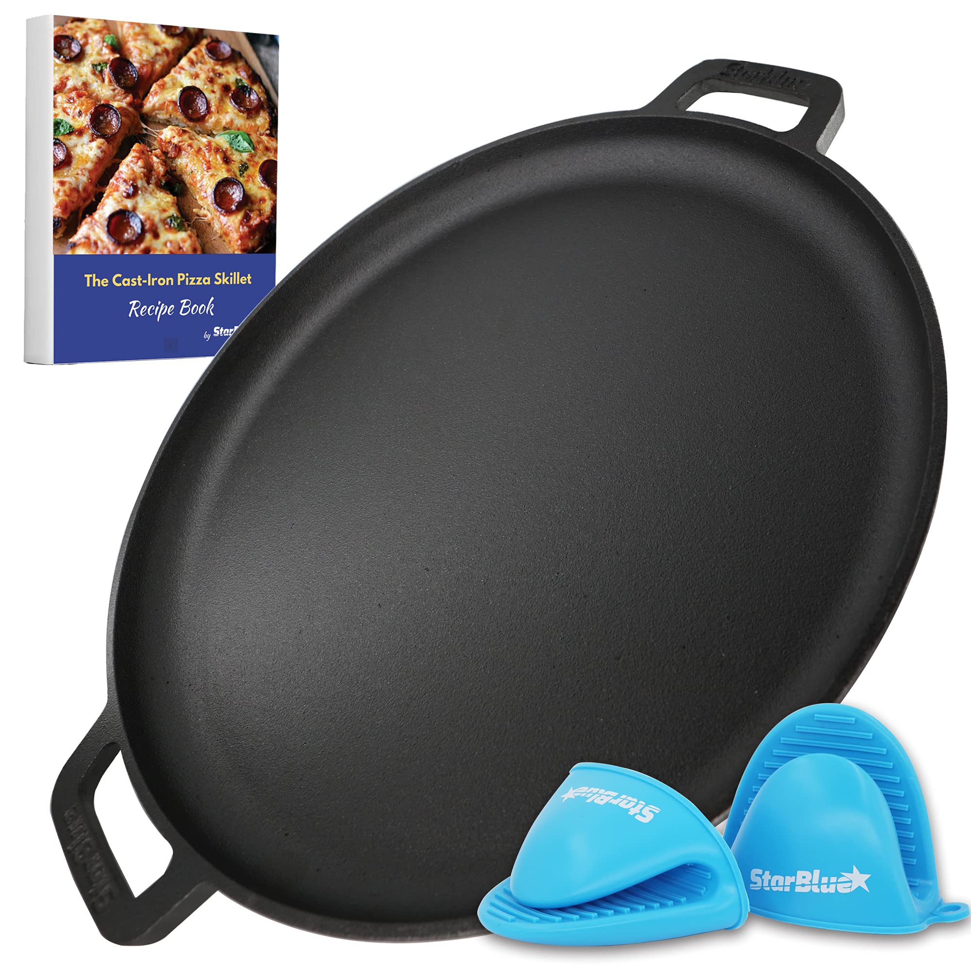 16 Inch Cast Iron Pizza Pan Round Griddle By Starblue With Free Silicone Handles And 30 Recipes Ebook- Pre-Seasoned Comal, Kitch