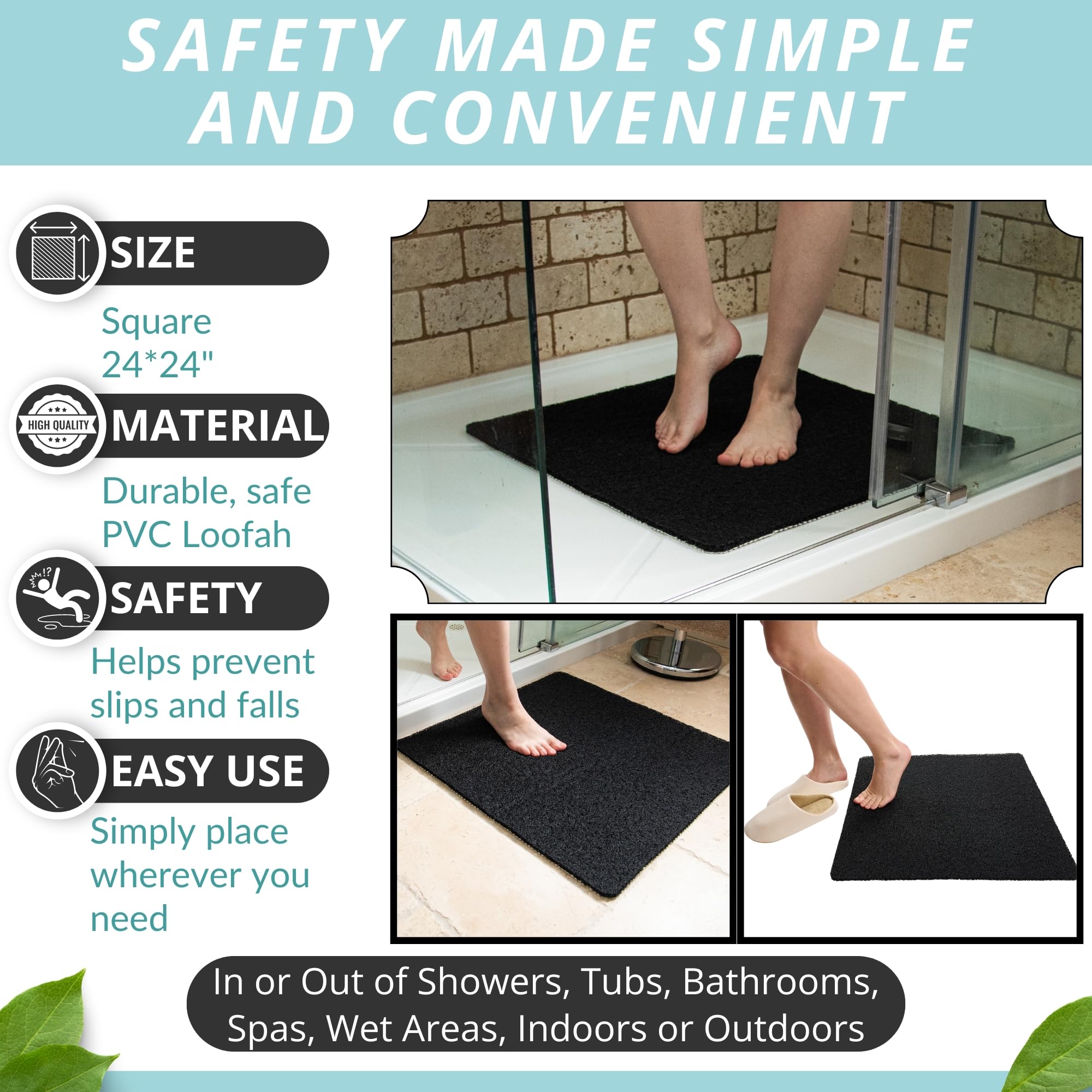 Enkosi Loofah Square Shower Mat Non Slip - 24 X 24 Shower Mats For Bathroom - Shower Stall Mat Square - Shower Floor Mat - Showe