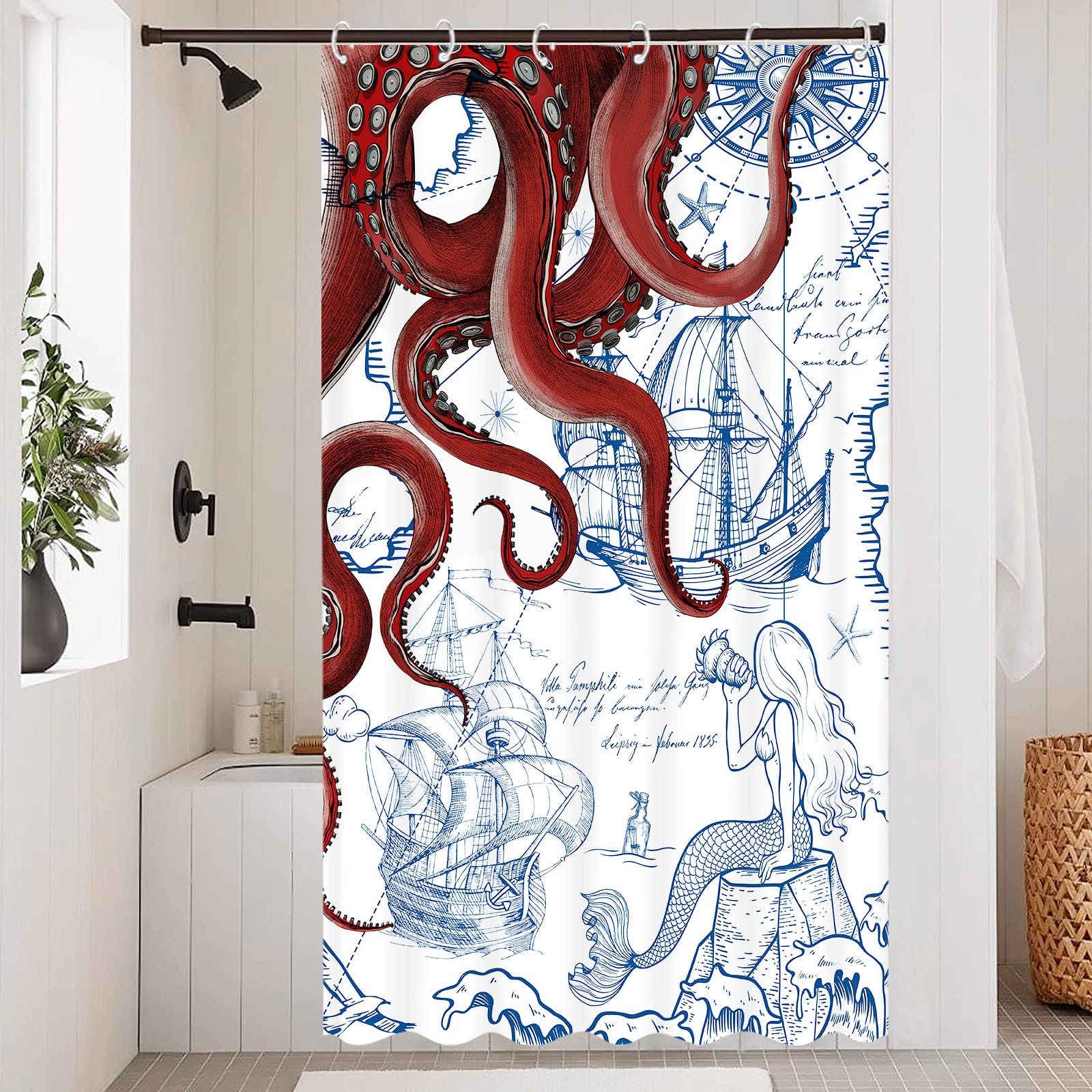 Fungarth Stall Red Nautical Octopus Shower Curtain Navy Blue Mermaid Funny Ocean Kraken Shower Curtains For Bathroom Cool Anchor