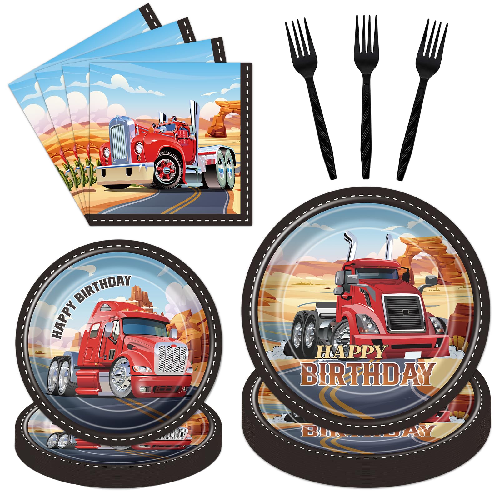 Deorfuy Truck Birthday Party Decorations - 96PCS Semi Truck Paper Plates and Napkins Tableware Decoration Construction Themed Fo