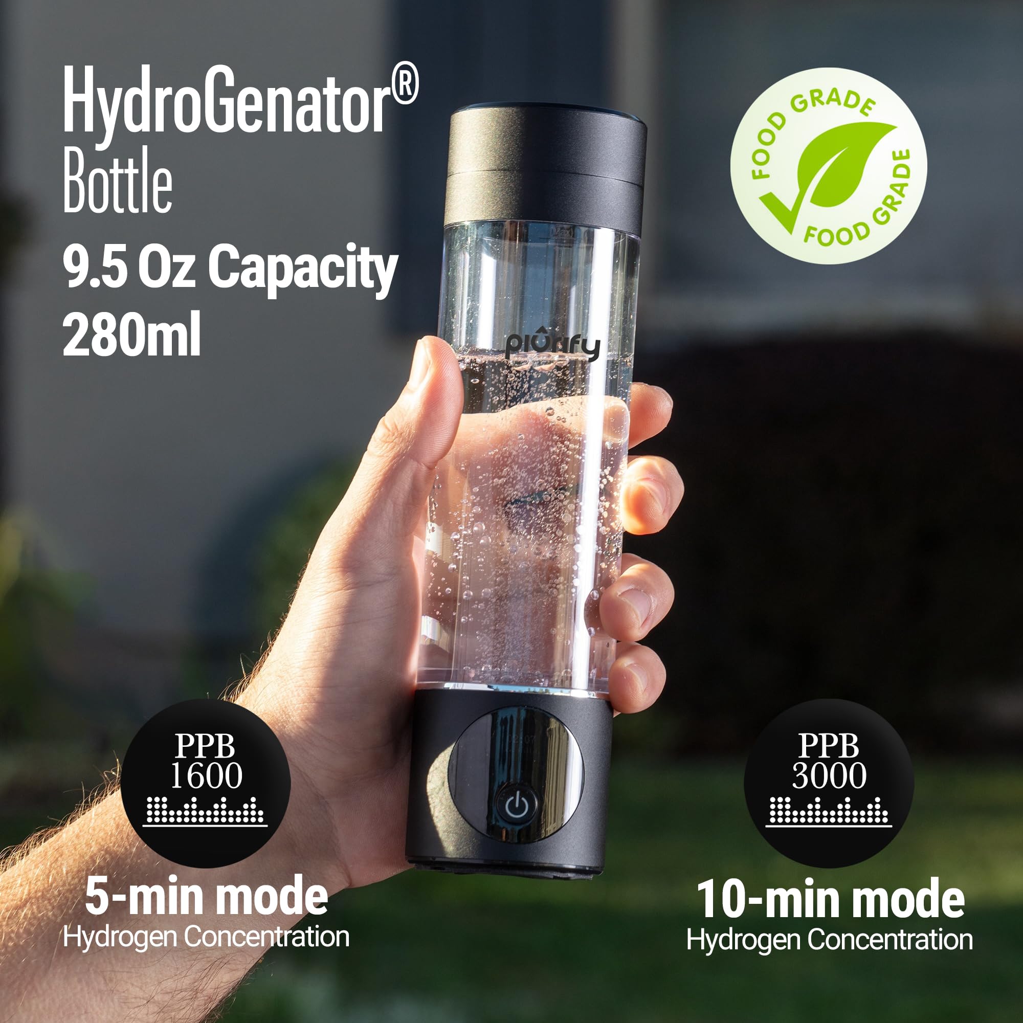 PIURIFY Hydrogen Water Bottle Generator - 4100+ PPB, Portable 10 oz, Black, Model HWB2024-NEW, SPE/PEM Technology, Athletic Hydration System