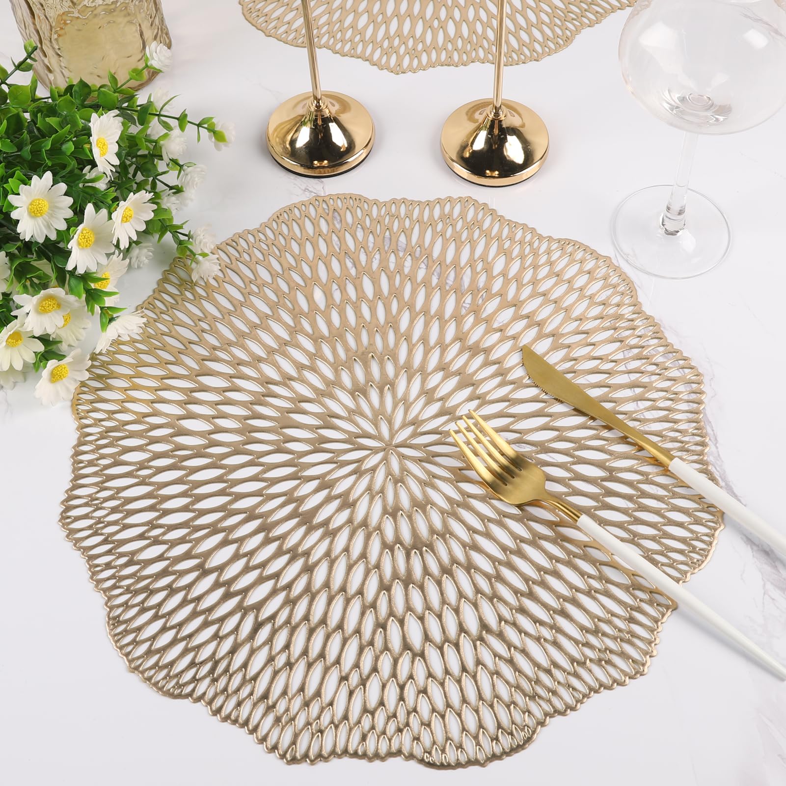 Mabbcoo Placemats Set Of 6, Round Placemats Gold 15 Inch Washable Vinyl Place Mats Dining Table Mats For Anniversary Wedding Par