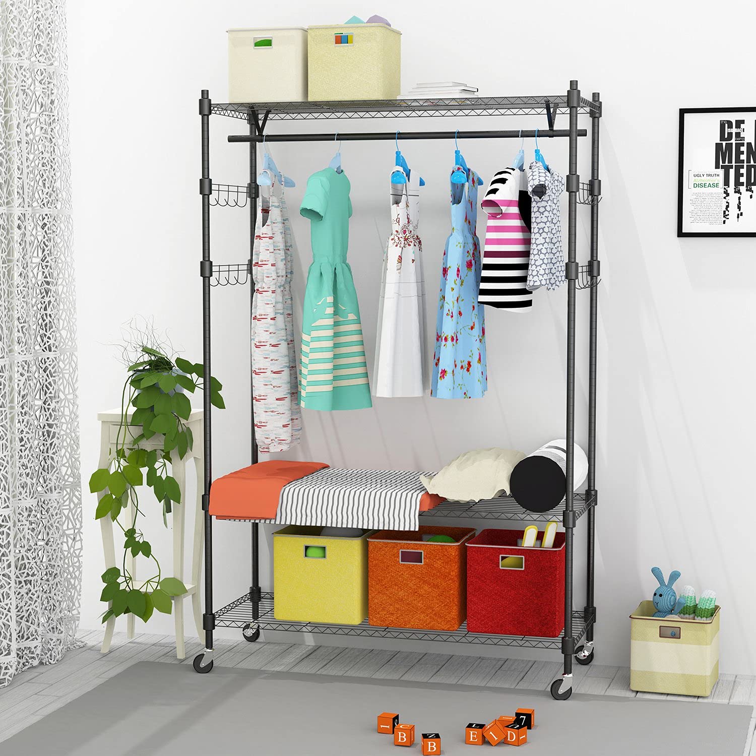 Heavy Duty Clothes Rack  Adjustable Rolling Garment Rack with Shelves  Freestanding Wardrobe Rack 1 Clothes Hanging Bar  3 tired Wire Shelving  4 Hanger Hooks - Hold Up to 400Lbs (Black  1Rod 4Hook)