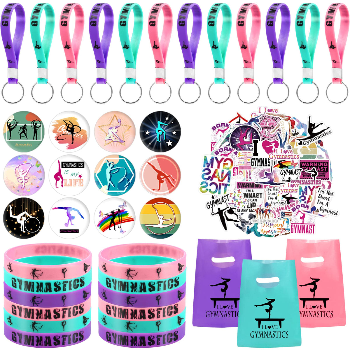 Banballon 98 Gymnastics Party Favors, Gymnastics Keychain Goodie Bags With Rubber Bracelets, Button Pins, Bags And Stickers For