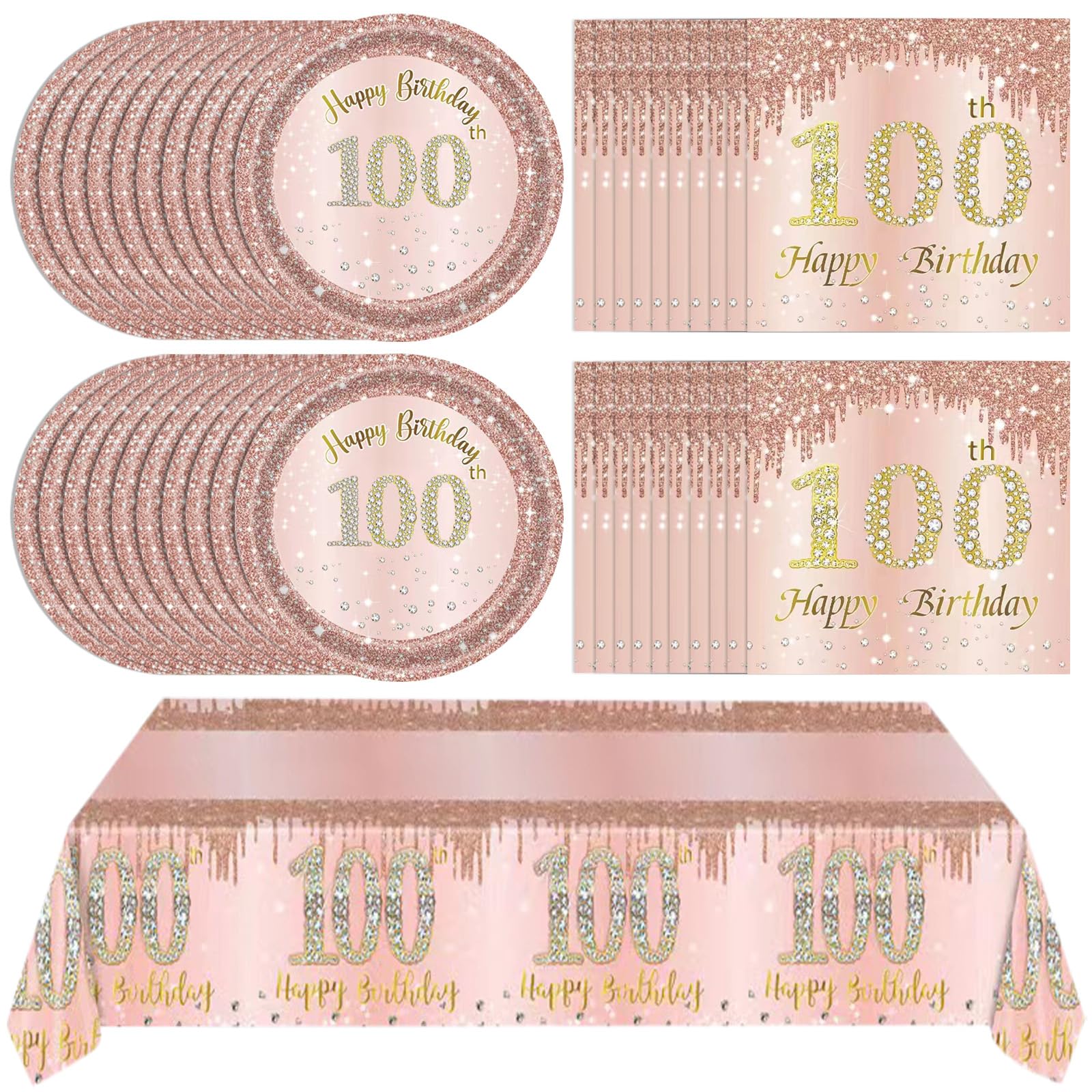 41Pcs 100Th Birthday Decorations, Rose Gold Birthday Party Supplies Include 20Pcs Plates 20Pcs Napkins And 1Piece Tablecloth, Sw