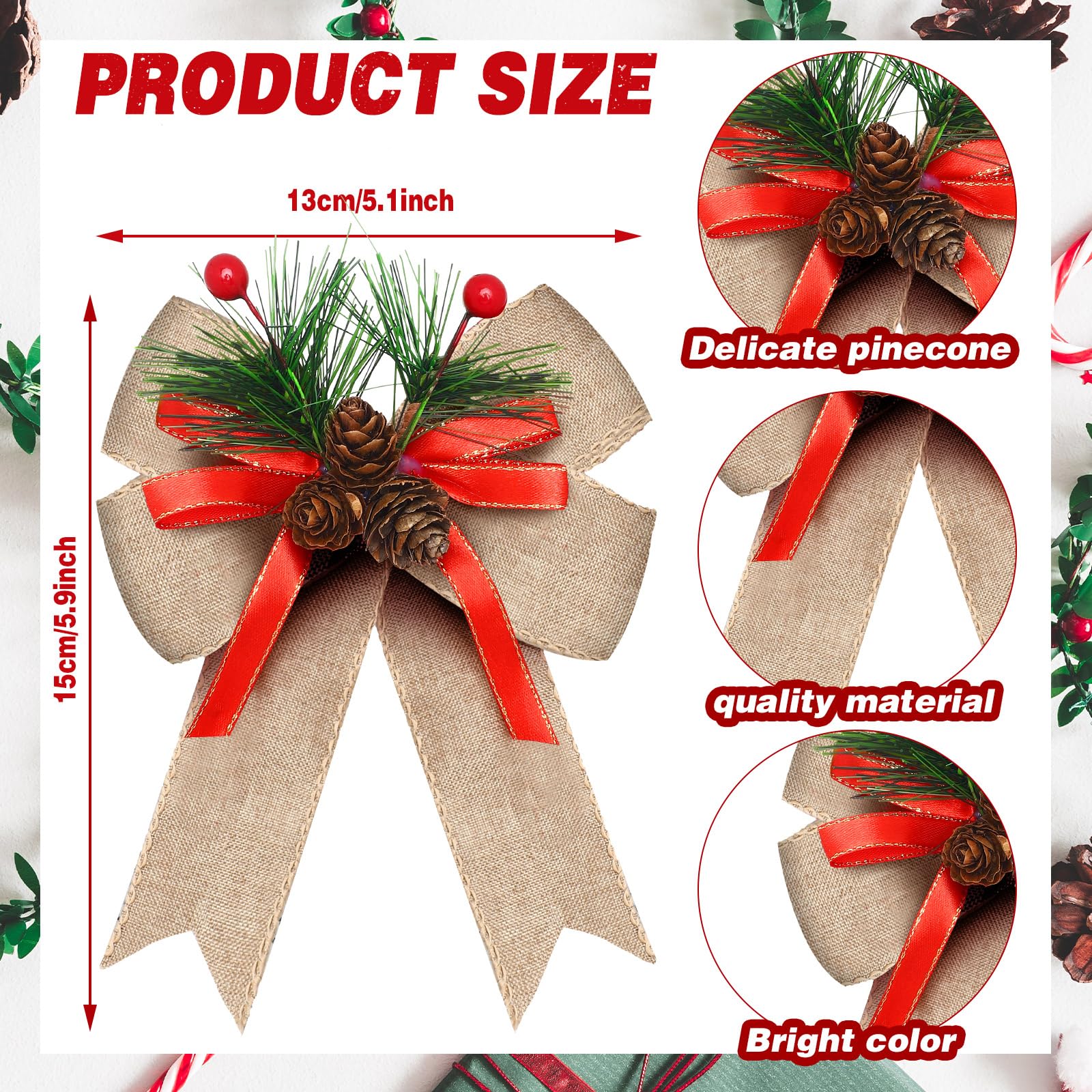 Syhood 6 Pcs Christmas Bows with Pine Cones Pine Needles Xmas Flaxen Bows Ribbon Christmas Tree Wreath Decoration for Xmas Parti