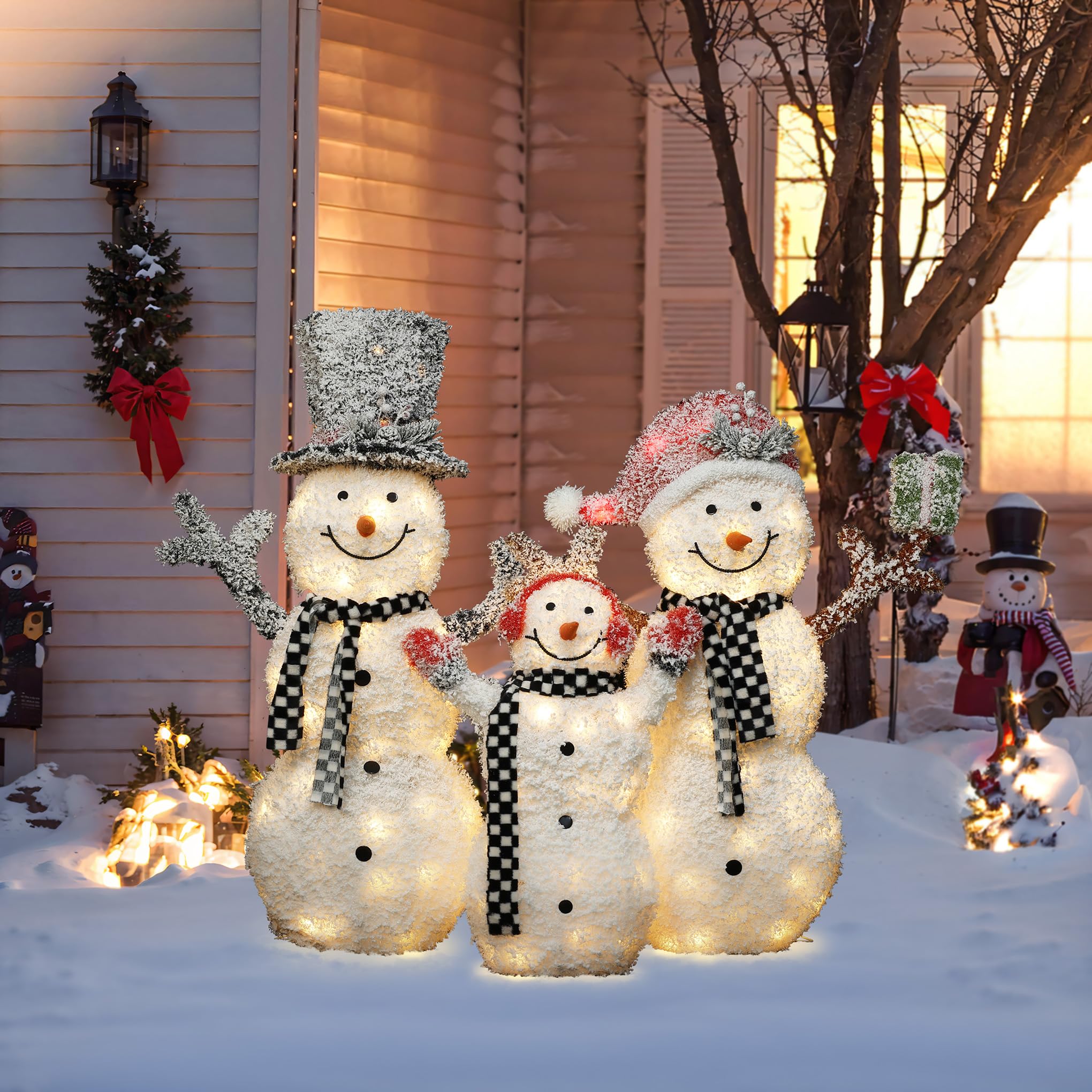 LuxenHome 3.5FT Lighted Snowman Family Outdoor Decorations, Prelit Frosted Snowman with Hat and Scarf, Illuminated Christmas Dec
