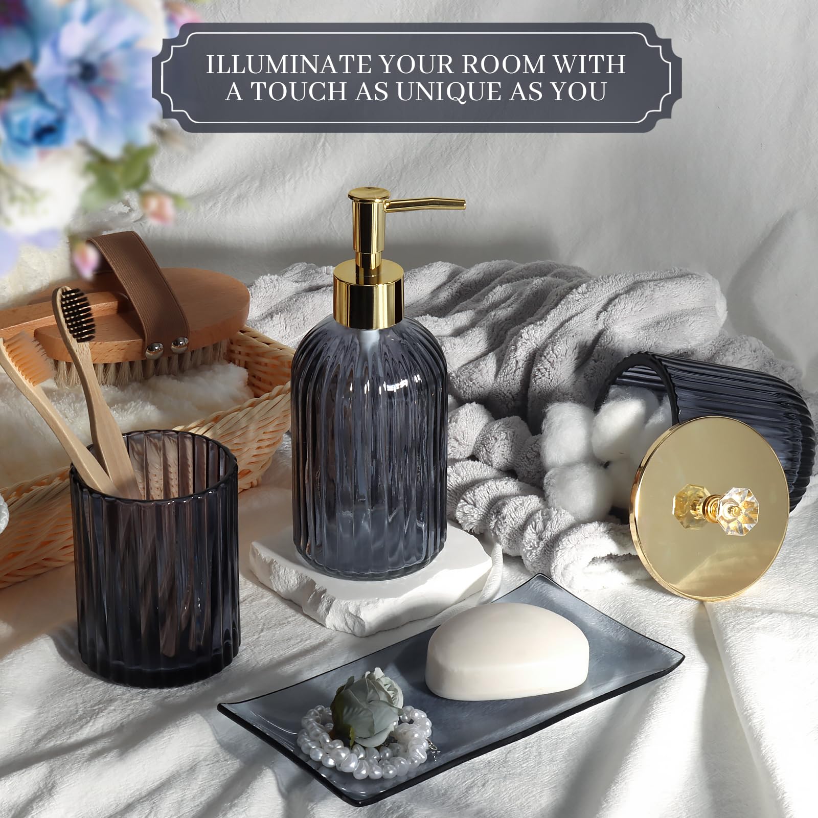 Designer Blue Glass Bathroom Accessories Sets - 4 Pcs With Lotion Soap Dispenser, Bathroom Toothbrush Holder, Vanity Tray, And A