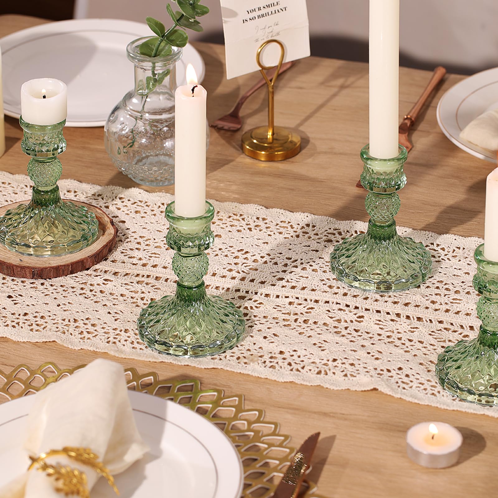 12Pcs Green Candlestick Holders Set- 4 H Taper Candle Holders Bulk, Glass Candle Holders for Wedding, Party, Romantic Dinner Tab