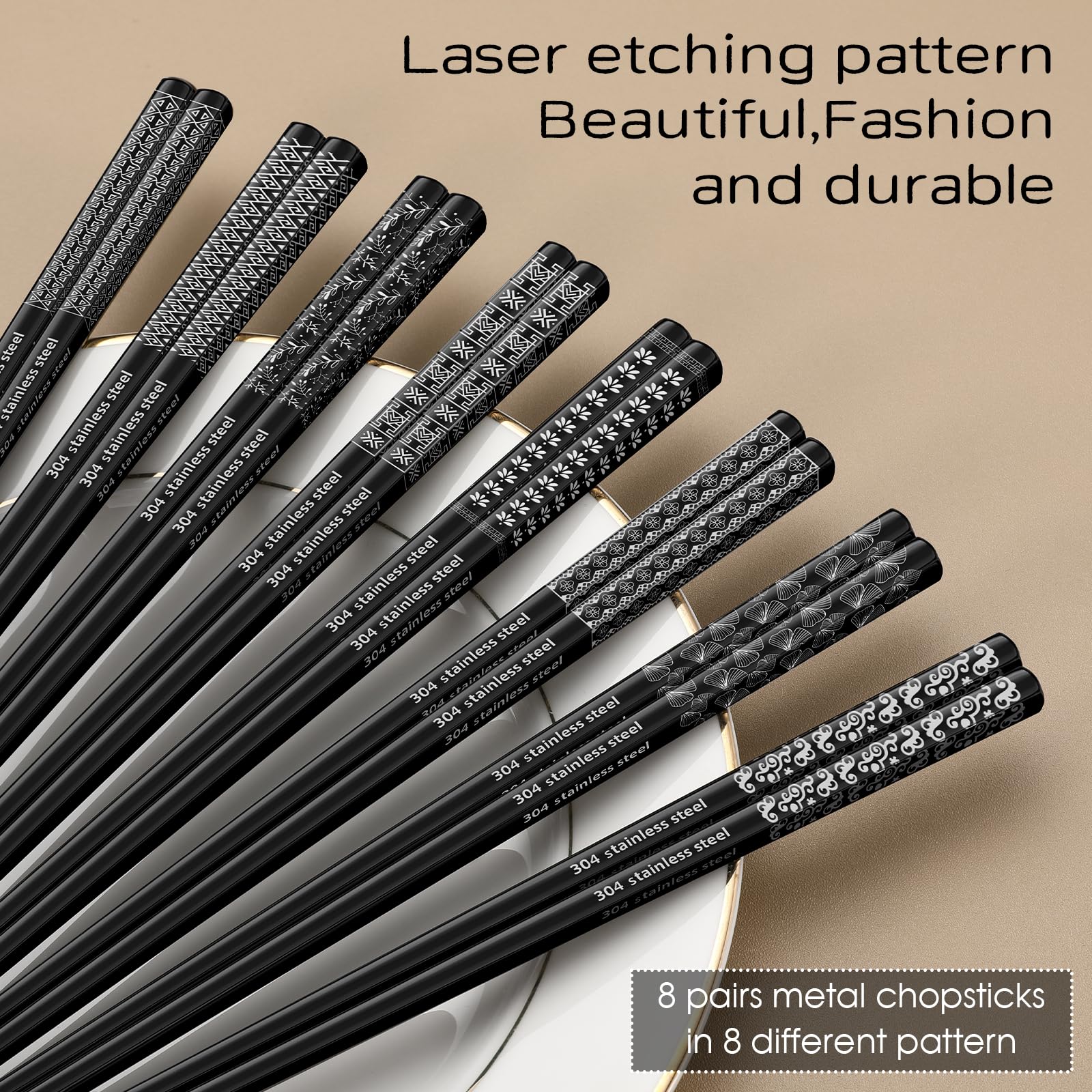 8 Pairs Metal Chopsticks Reusable Black Stainless Steel Chopsticks Set Laser Engraved Non-slip Japanese Korean Chinese Chopstick