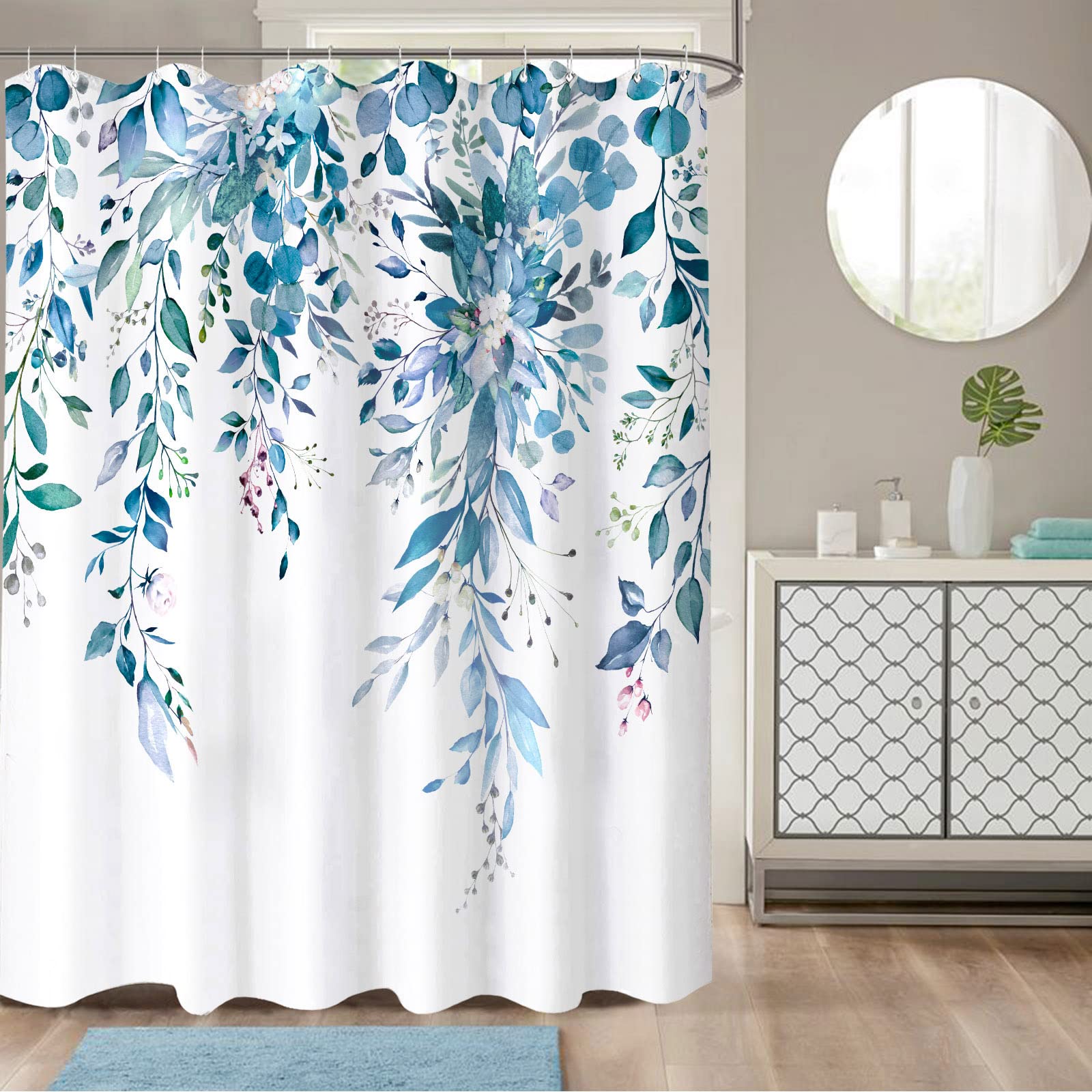 Zussun Blue Eucalyptus Shower Curtain Watercolor Floral Plant Leaf Shower Curtains for Bathroom Botanical Flower Waterproof Fabric Bath Curtain Decor with Hooks (Blue  72'' x 72'')