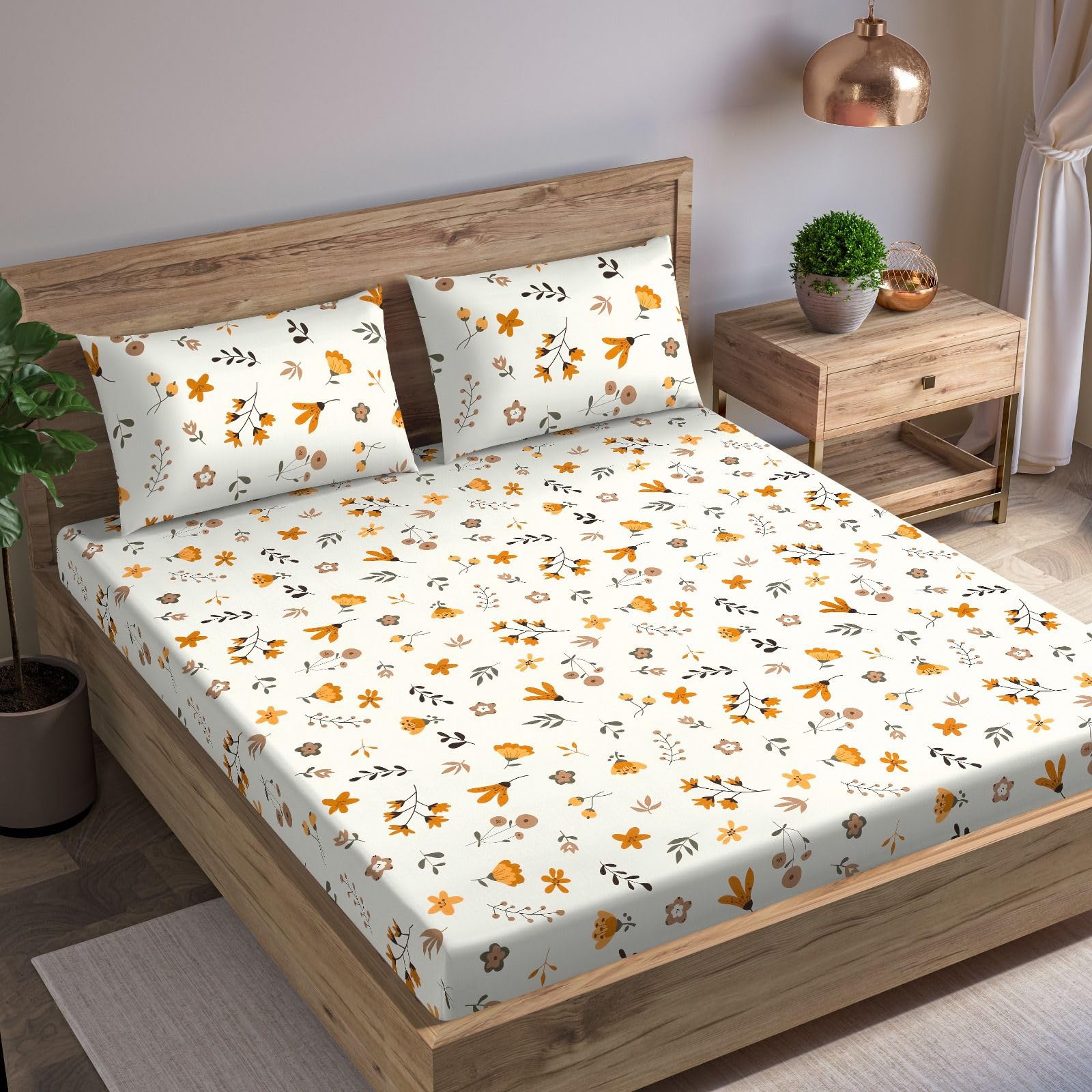 Trance Home Linen 180Tc 100% Cotton 78X60 Standard Queen Size Elastic Fitted Bedsheet|Printed Queen Bed Size Elasticated Fitted 