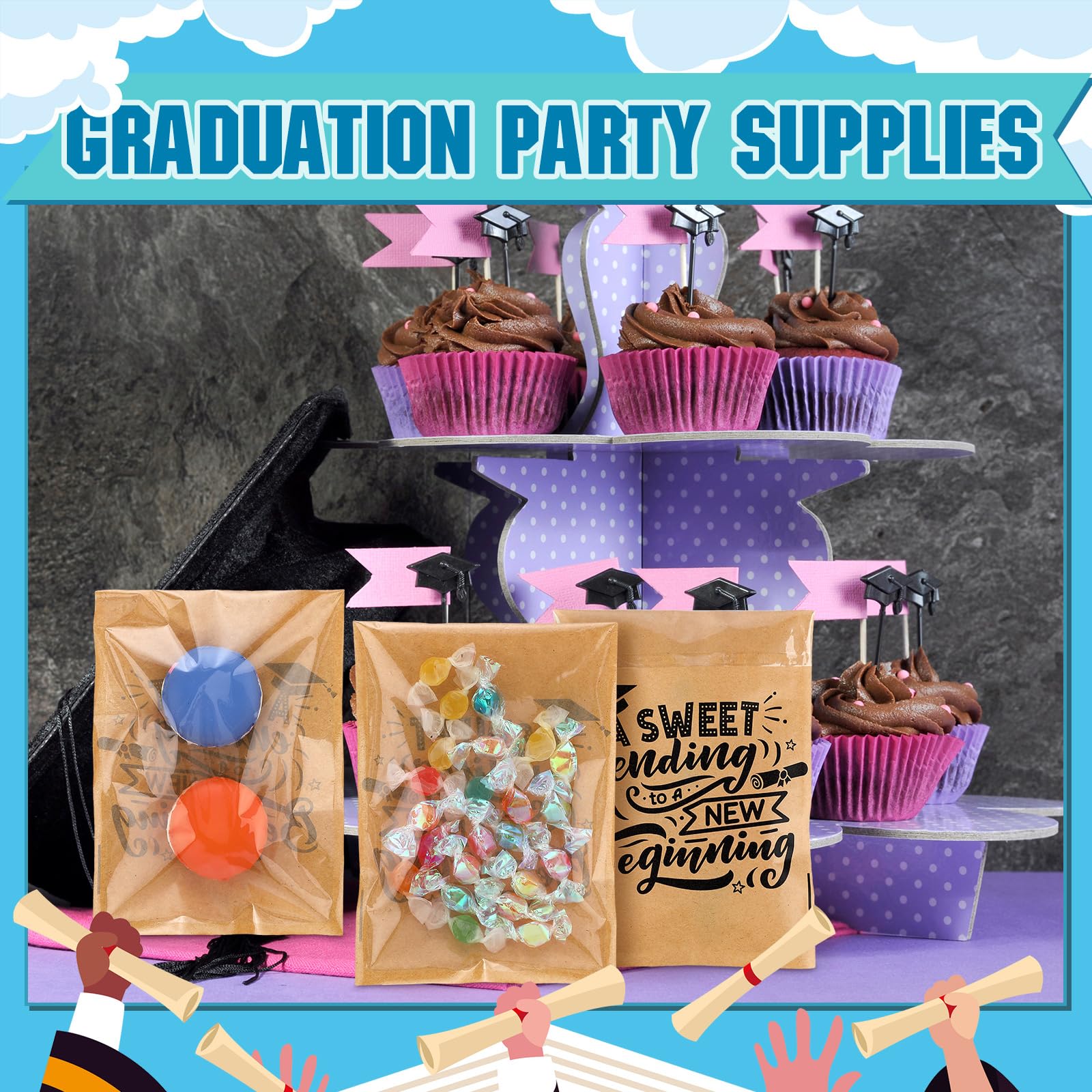 MotiMind 100 Pcs Clear Graduation Cookie Bags Front Paper Self-Adhesive Gift Bags Sweet Endings to New Beginnings Kraft Paper Tr