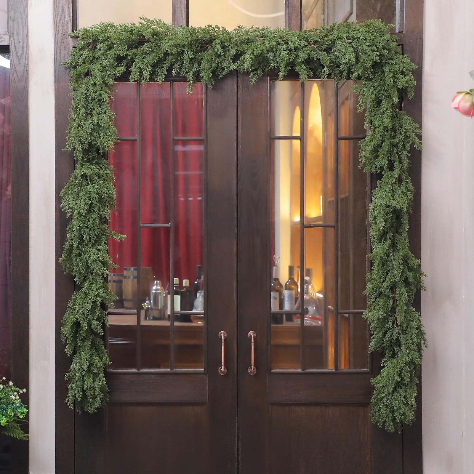 Jutom 2 Pcs 9 ft Thick Christmas Cedar Garland Artificial Realistic Soft and Flexible Full Faux Green Cedar Pine Garland for Hom