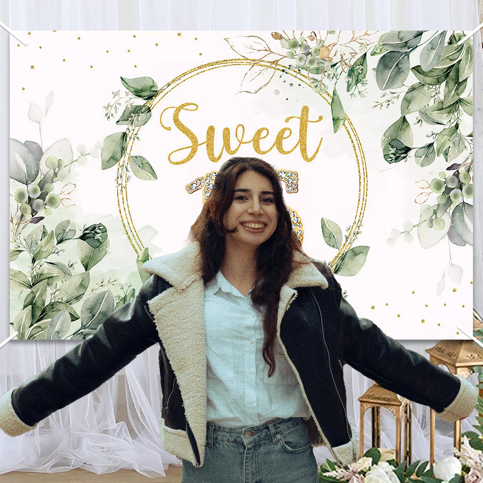 Difounmas Sweet 16 Birthday Backdrop Banner, 60"x40", Sage Green, Model JFH-099, Perfect for Girls' 16th Birthday Party Decor