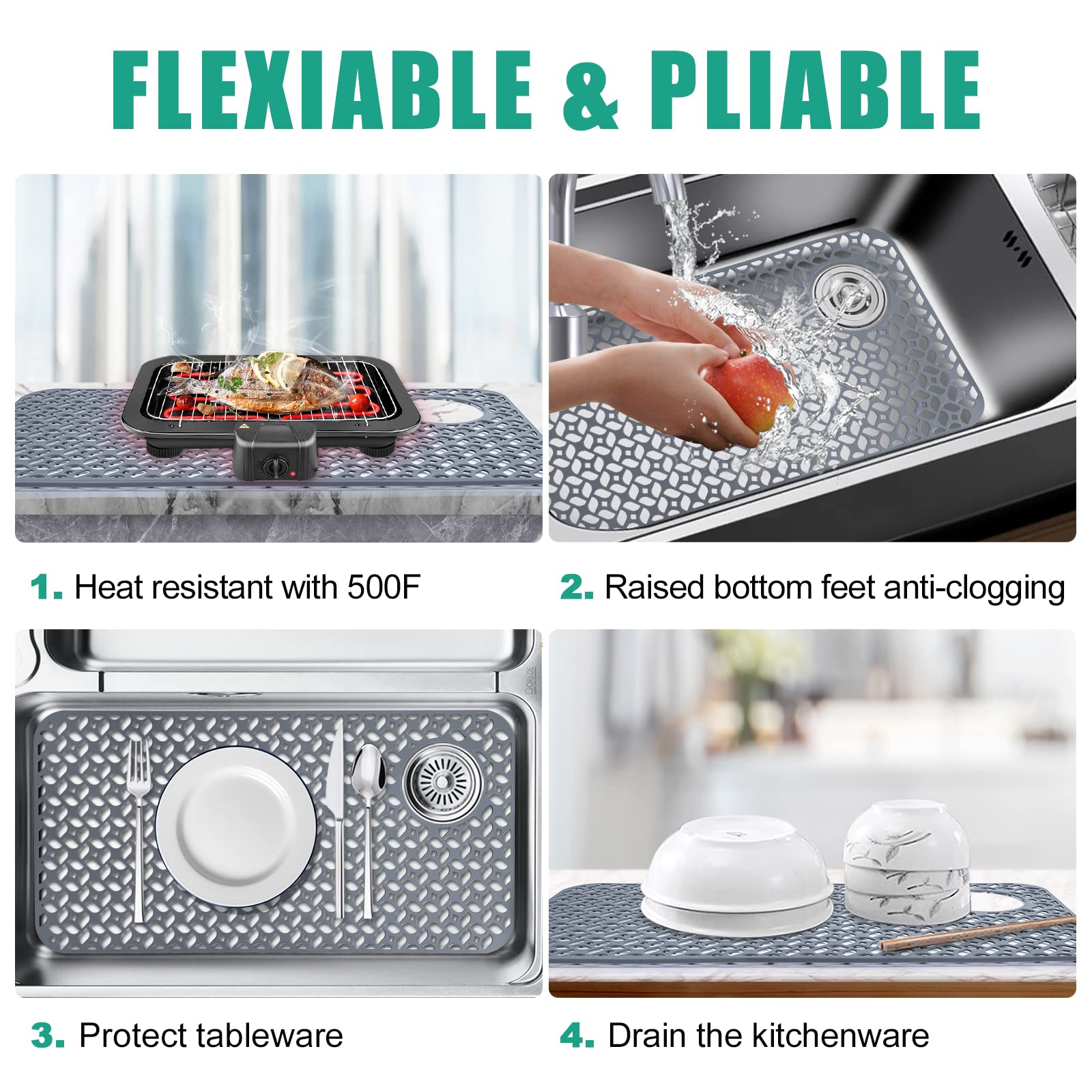 Justogo Silicone Sink Mat 28.2''X 14.2'', Grey Sink Protectors For Kitchen Sink Grid Accessory, 1 Pcs Non-Slip Sink Mats For Bot
