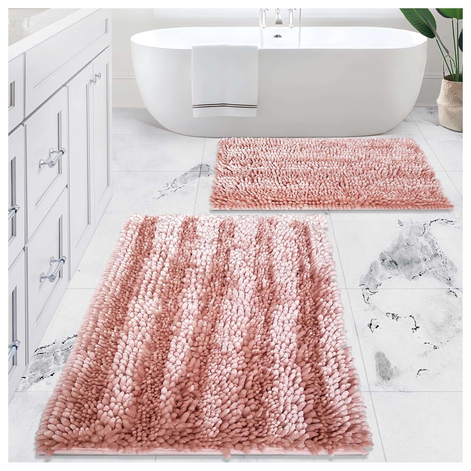 Civkor 2 Piece Bathroom Rugs Mats Set Butter Chenille  Cute Bath Mat Rug Shiny Noodle with Non Slip Backing  Super Water Absorbent Machine Washable 31x20 and 24x16 Inch Pink