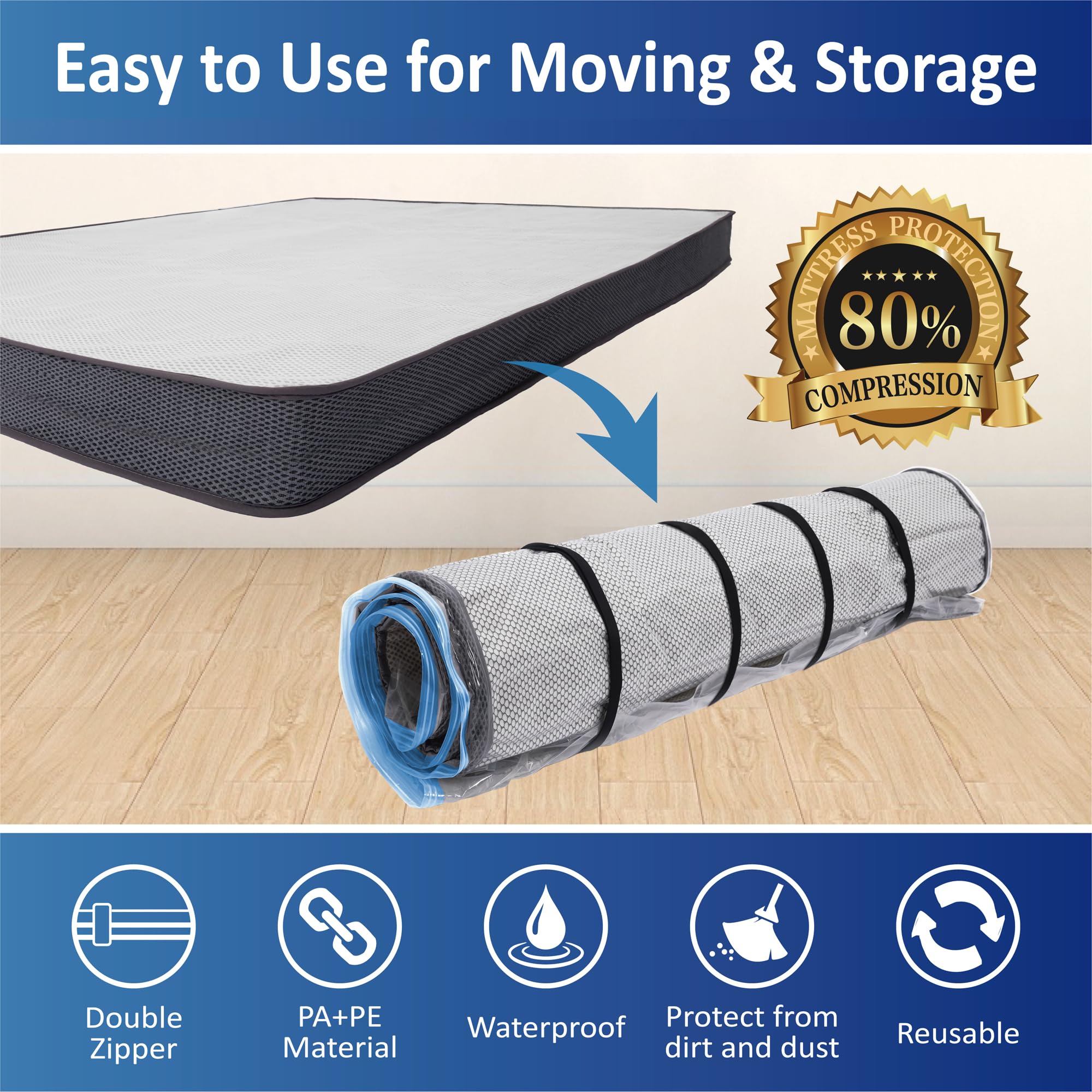 Twin/Twin-Xl Foam Mattress Vacuum Bag With Blue Zipper, Vacuum Seal Mattress Bag, Straps Included