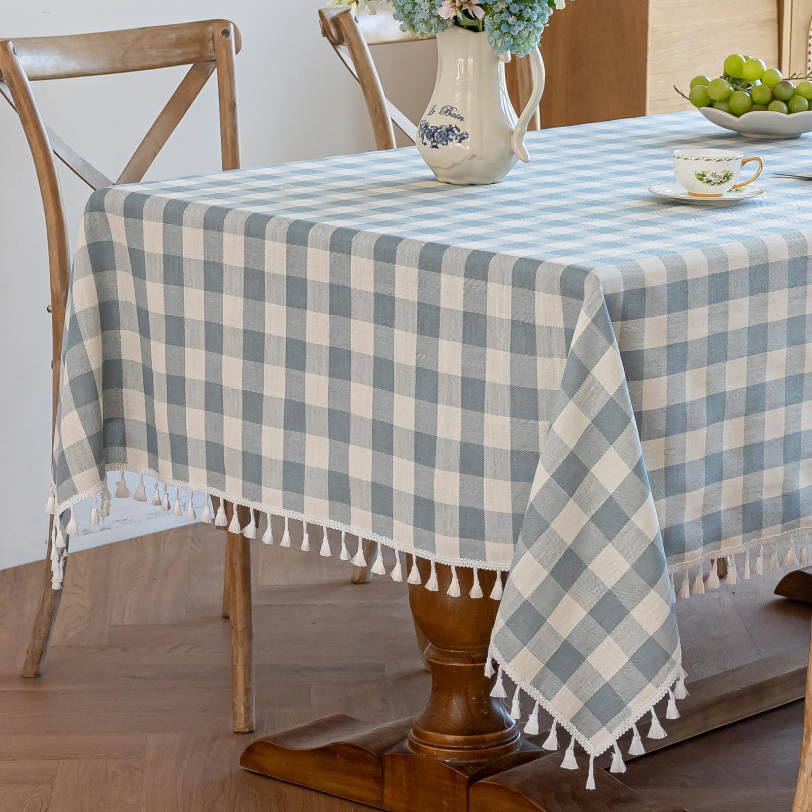Alsoo Blue Gingham Tablecloth Summer 55 x 75 Inch, Washable Cotton Linen Blend, Wrinkle Resistant Checkered Plaid Table Cloth fo