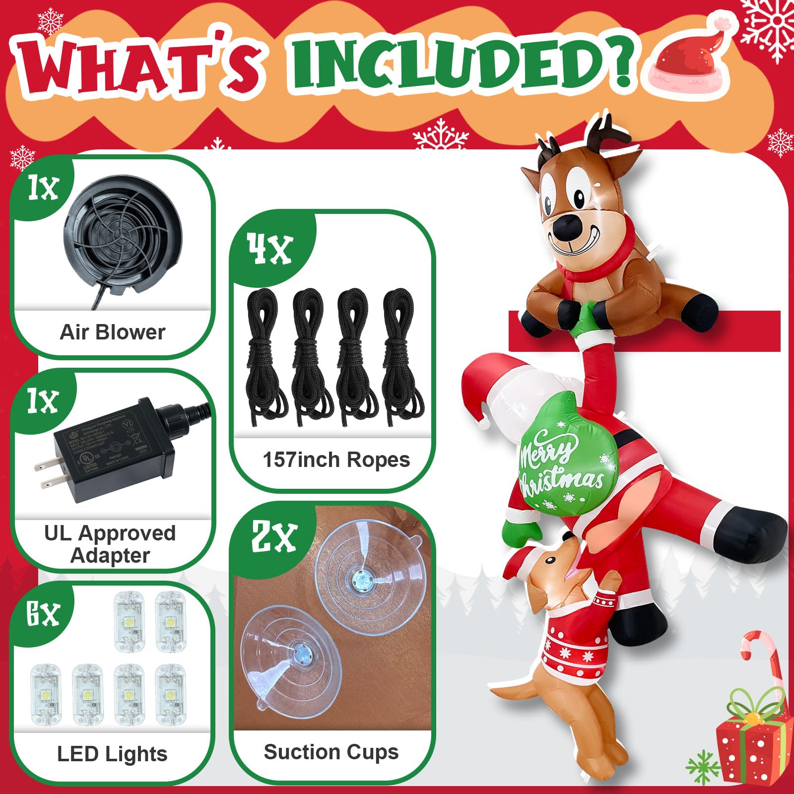 Fayavoo 8 FT Hanging Christmas Inflatable Outdoor Decoration, Inflatable Reindeer Pulling Santa and Dog, Funny Christmas Blow Up