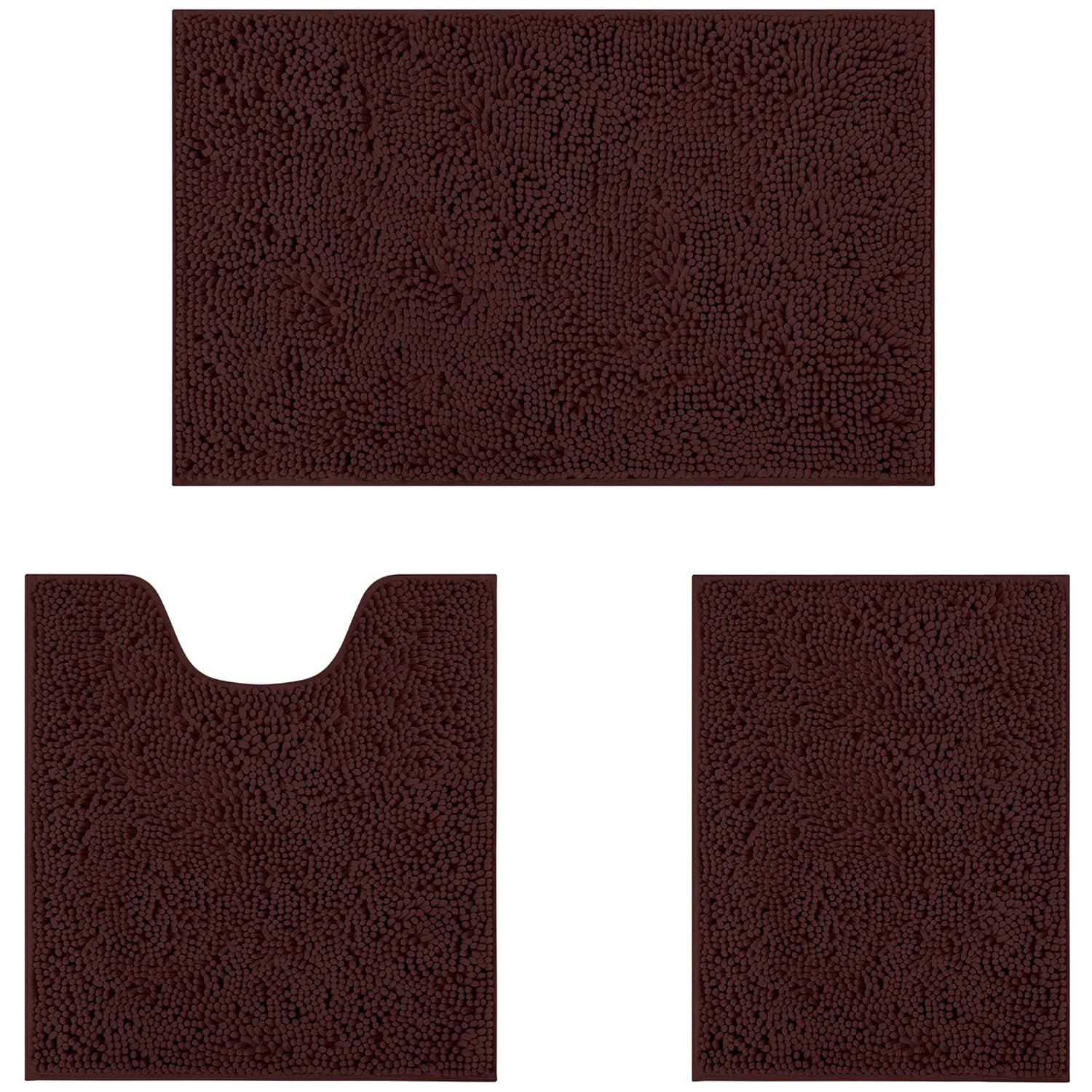 Homeideas 3 Pieces Bathroom Rugs, Ultra Soft Non Slip Absorbent Chenille Toilet Bath Mat Set (Brown)