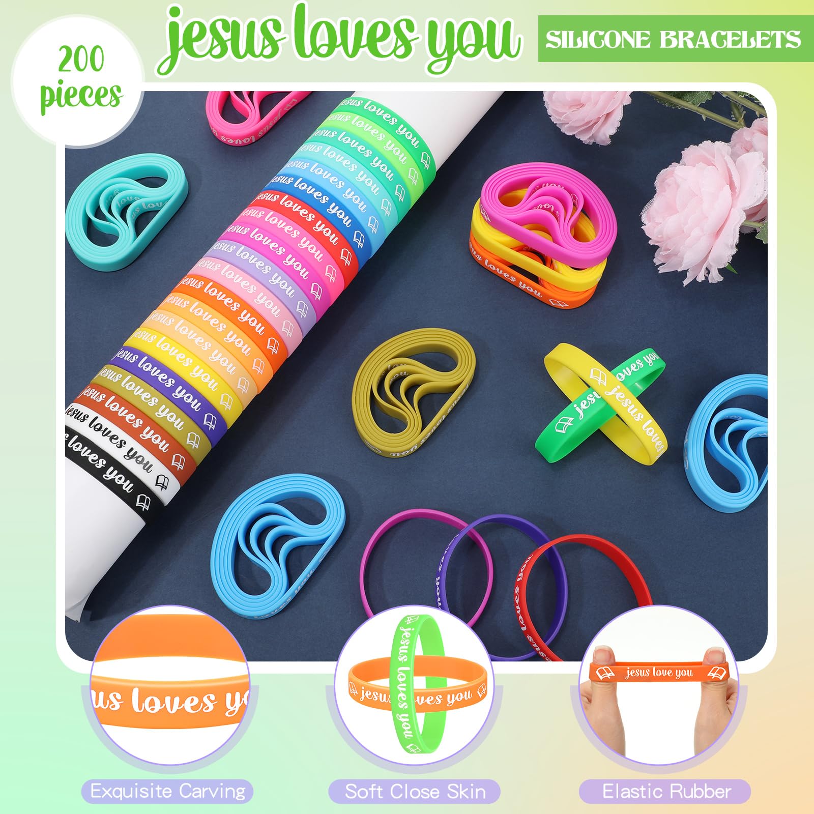 Jerify 200 Pcs Jesus Loves You Silicone Bracelet Christian Wristbands Bulk Bible Verse Rubber Bracelet Religious Colorful Bands