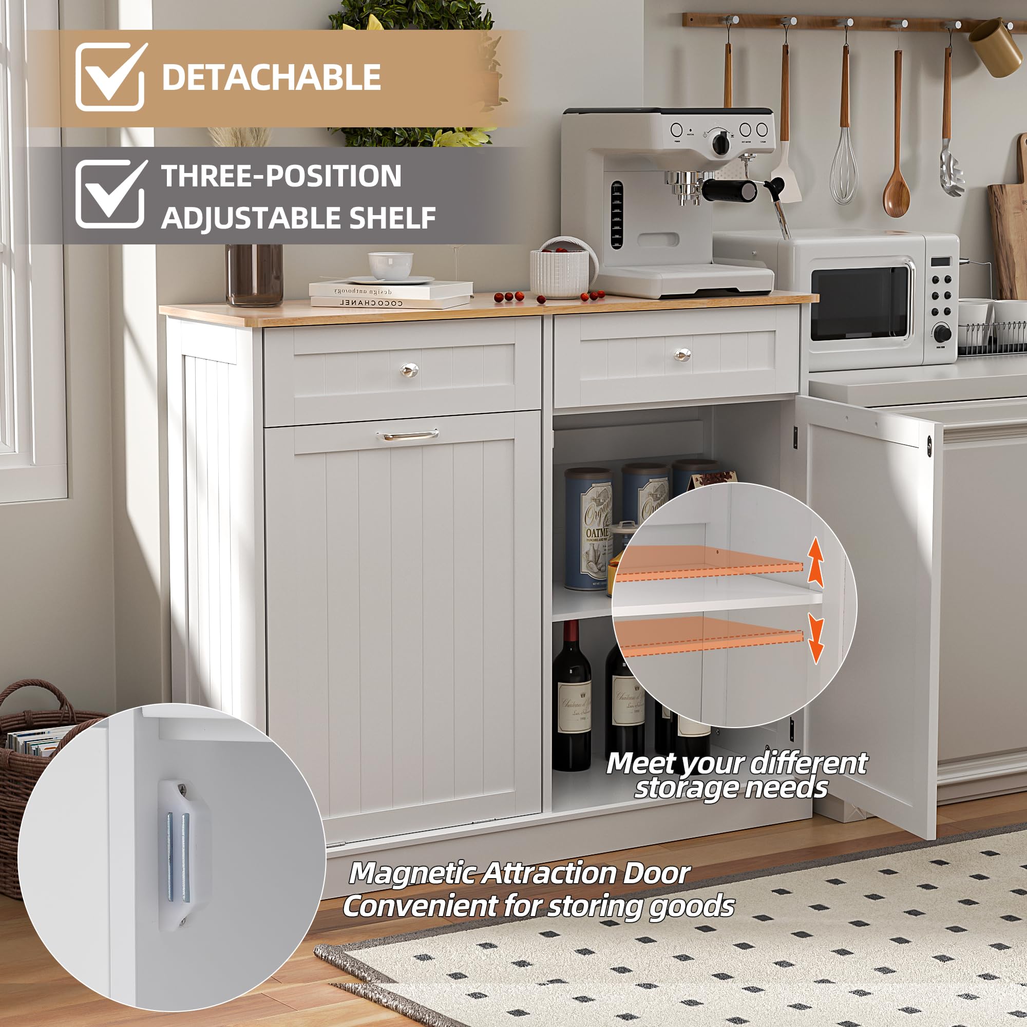 Spurgehom Dual Door Trash Cabinet Kitchen Waste Bins, Laundry Hamper Tilt Out Trash Can Cabinet With Hideaway Drawer Storage Bag