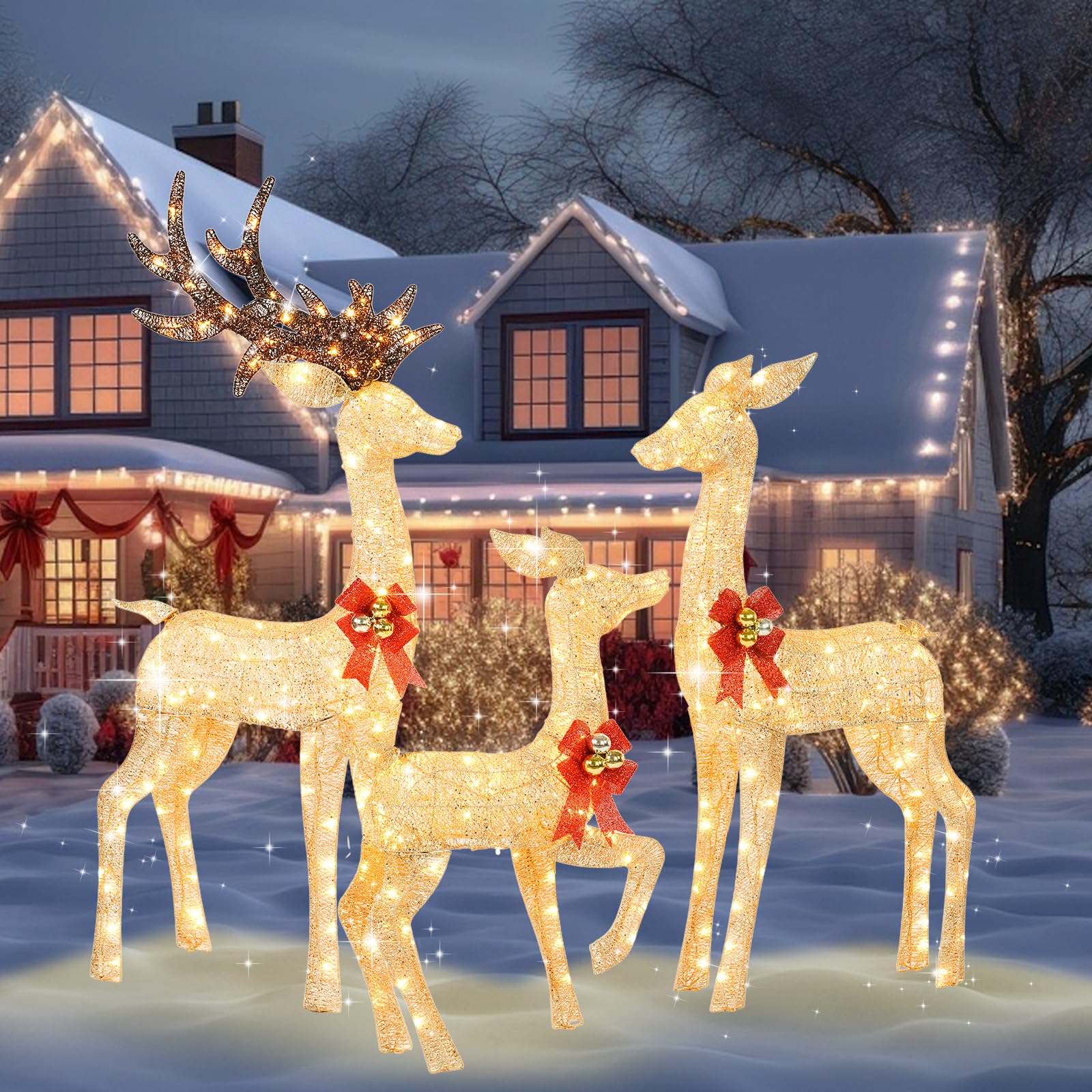 3-Piece 5Ft Lighted Christmas Deer Family Set, 3D Outdoor Christmas Decorations Yard with 280 Warm White LED Lights for Outdoor