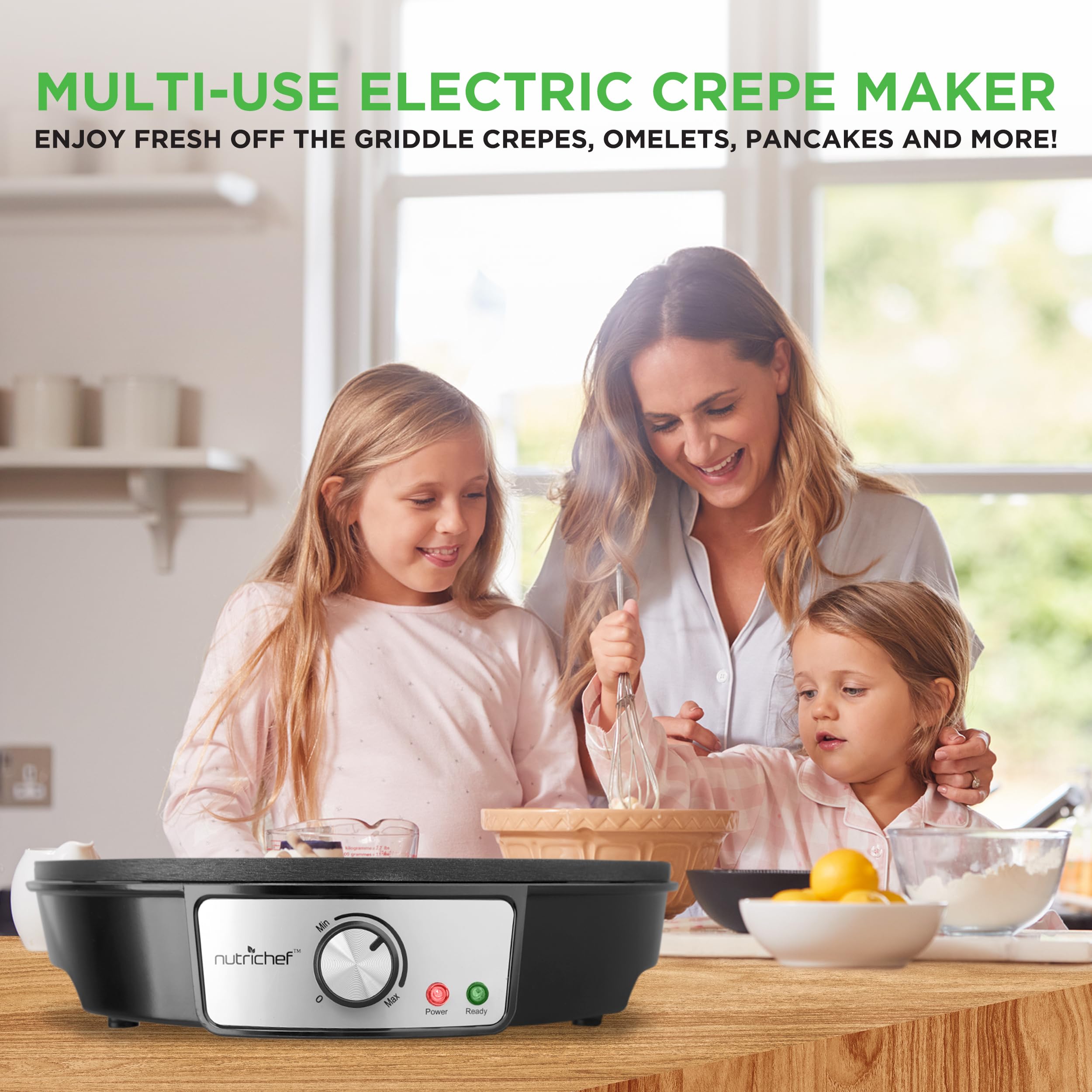 Electric Crepe Maker Pan & Griddle - 12 Inch Nonstick Cooktop - LED Indicators & Adjustable Temperature Control - Includes Spatula  Batter Spreader - Cooks Crepes  Roti & Pancakes