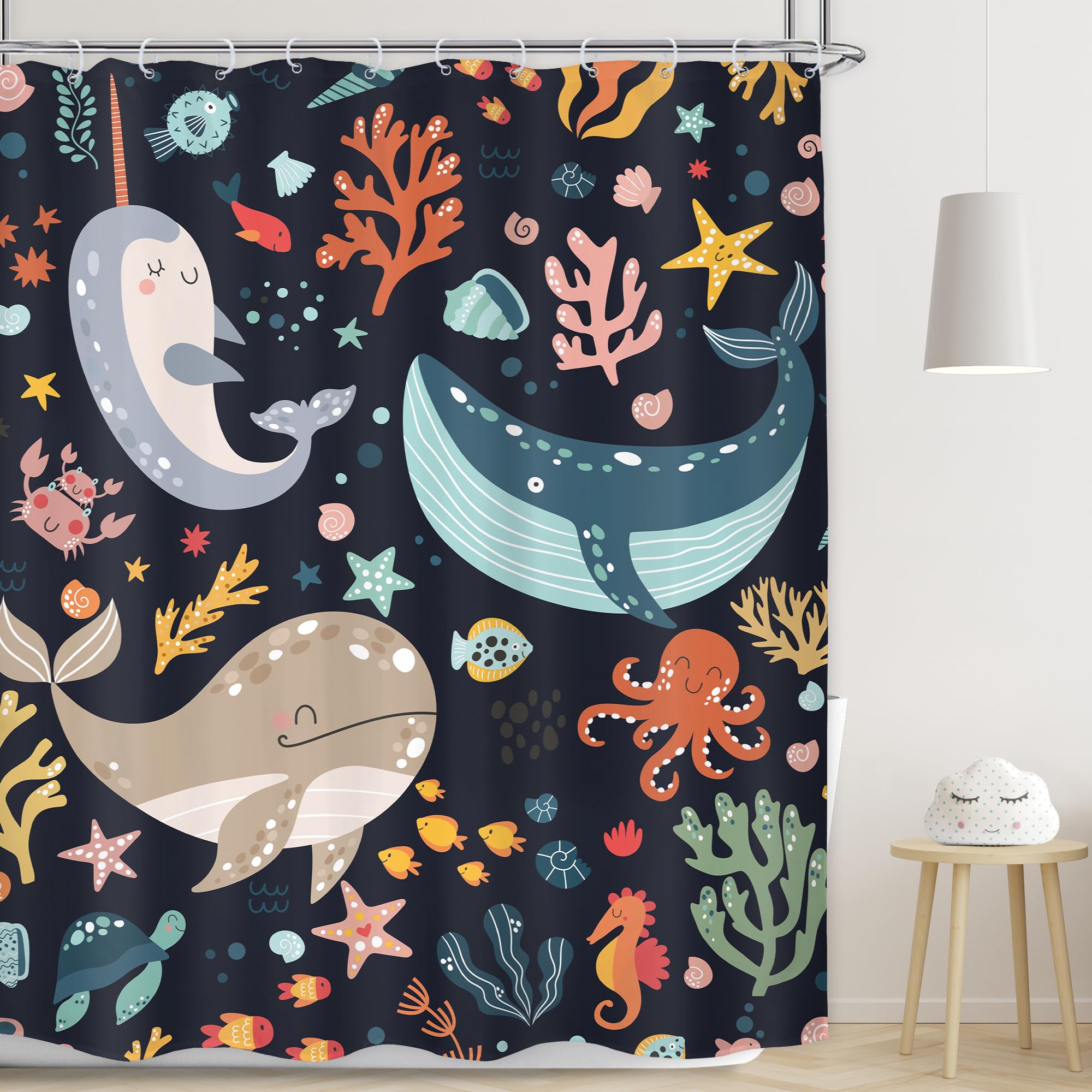 Lghtyro Kids Sea Animal Shower Curtain Bathroom Set 60Wx71H Inches Funny Whale Cute Cartoon Fish Ocean Sealife Coral Starfish Ba
