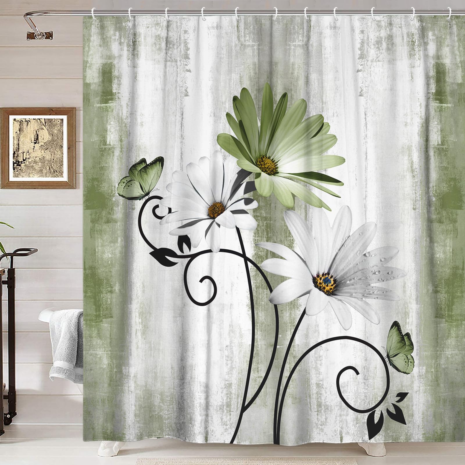 Rustic Farmhouse Shower Curtain, Farm Sage Green Daisy Floral Flowers And Butterfly On Country Wooden Forest Green Shower Curtai