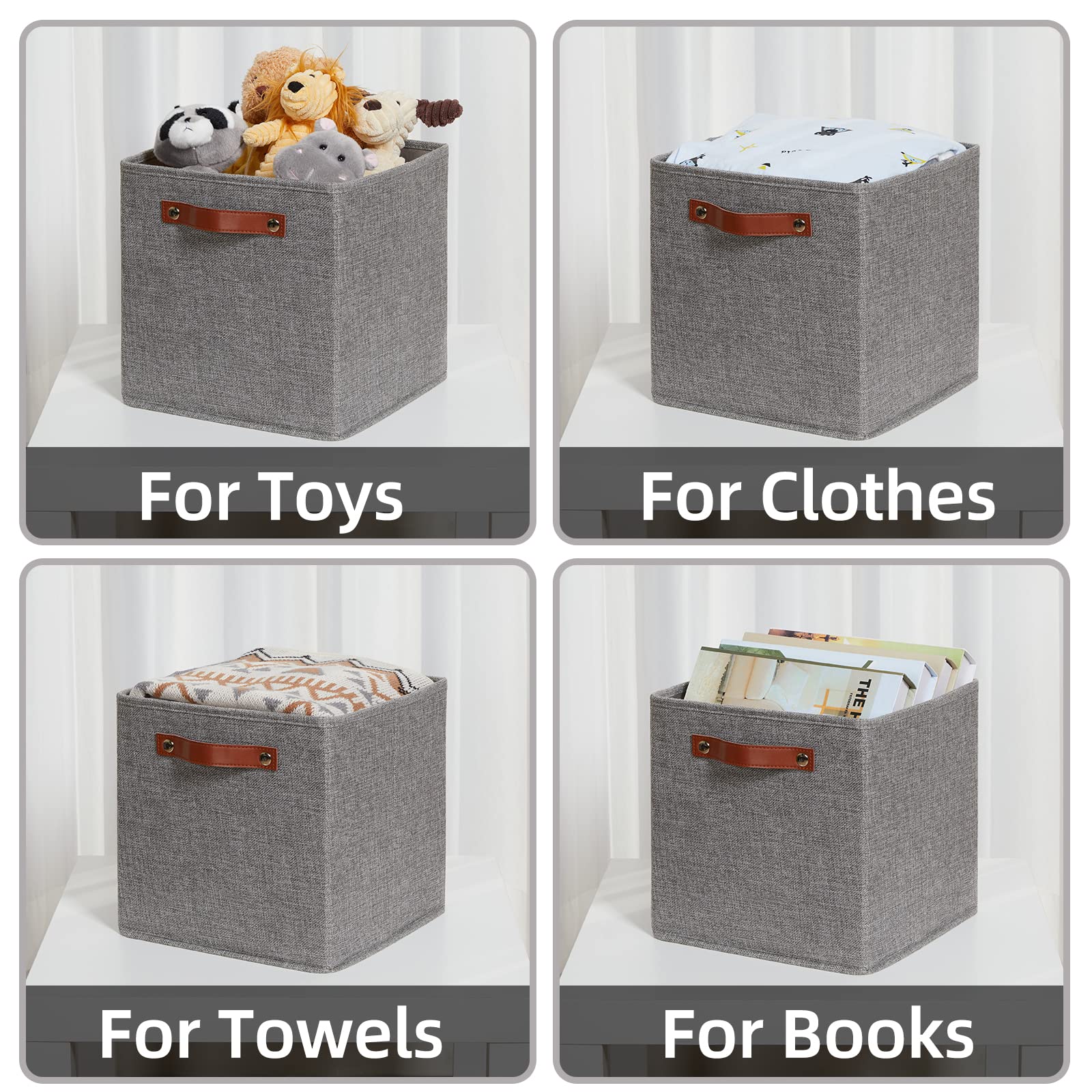 HNZIGE Shelf Storage Cubes Bins for Organizing  Set of 4  Cabby Fabric Cube 11x11 Cube Storage Bins  Closet Bins for Cube Organizer with Handles for Shelf Nursery(Gray)