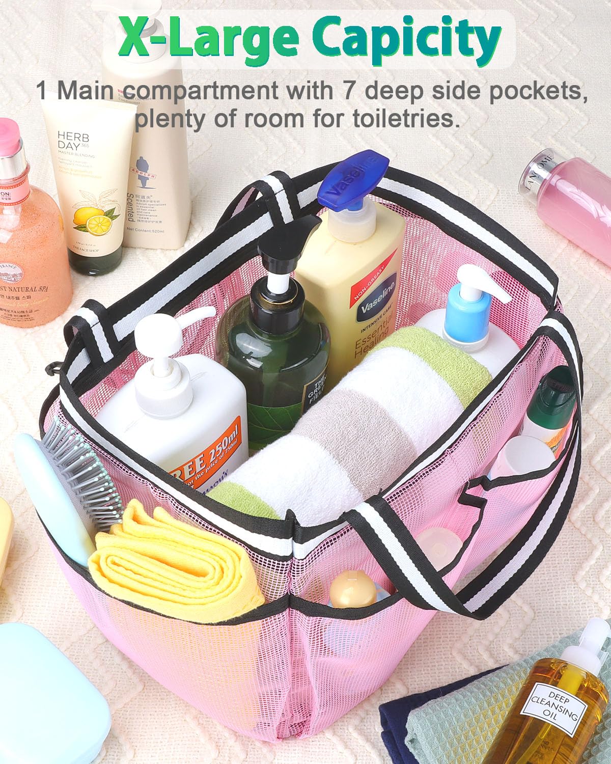 Fiezkaa Mesh Shower Caddy Portable Shower Bag For College Dorm Camping Travel Gym(Pink)