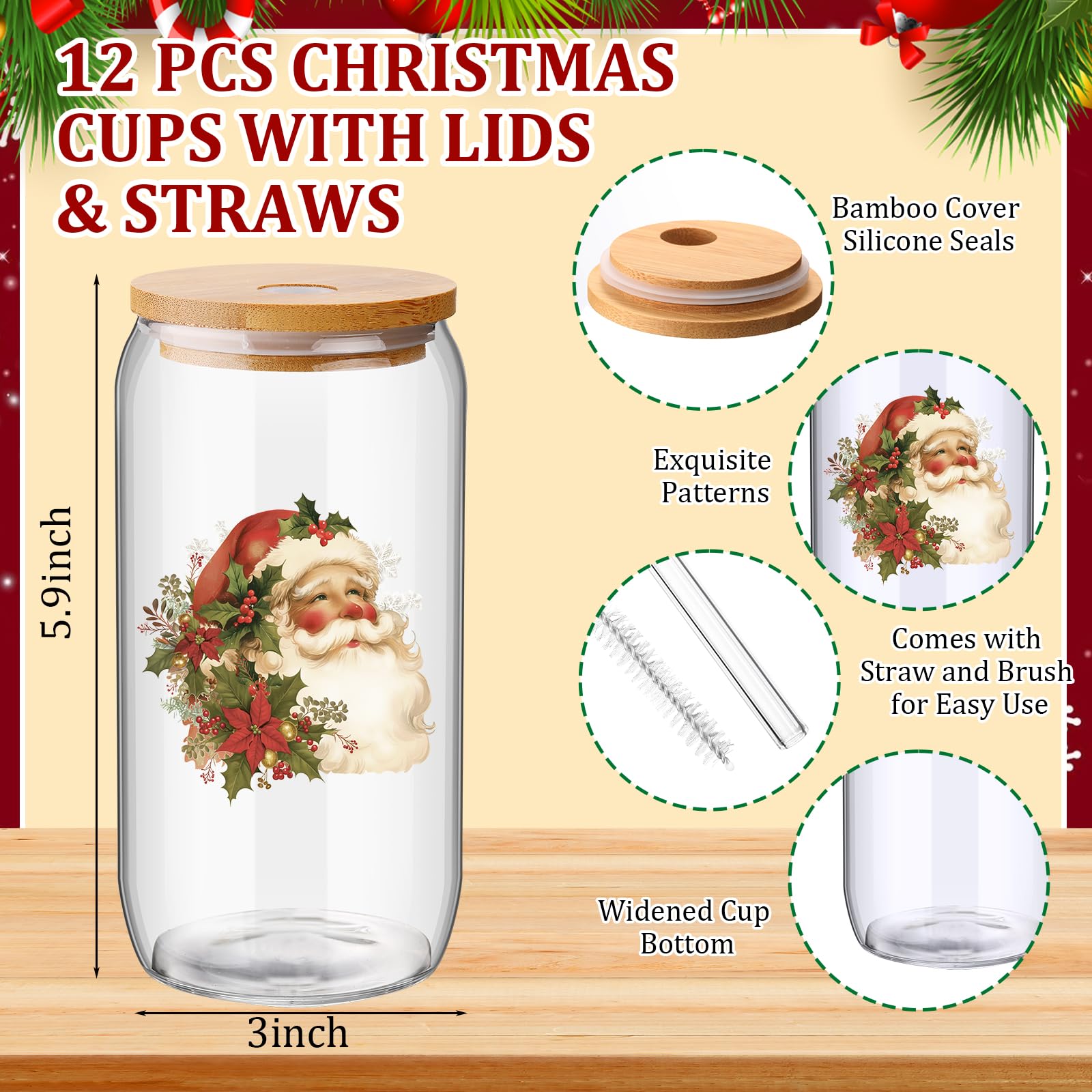 Skylety 12 Set Christmas Gifts Bulk 16 oz Santa Glass Cups with Lids Straws Xmas Notebook Sticky Note Pens for Women Students Sc