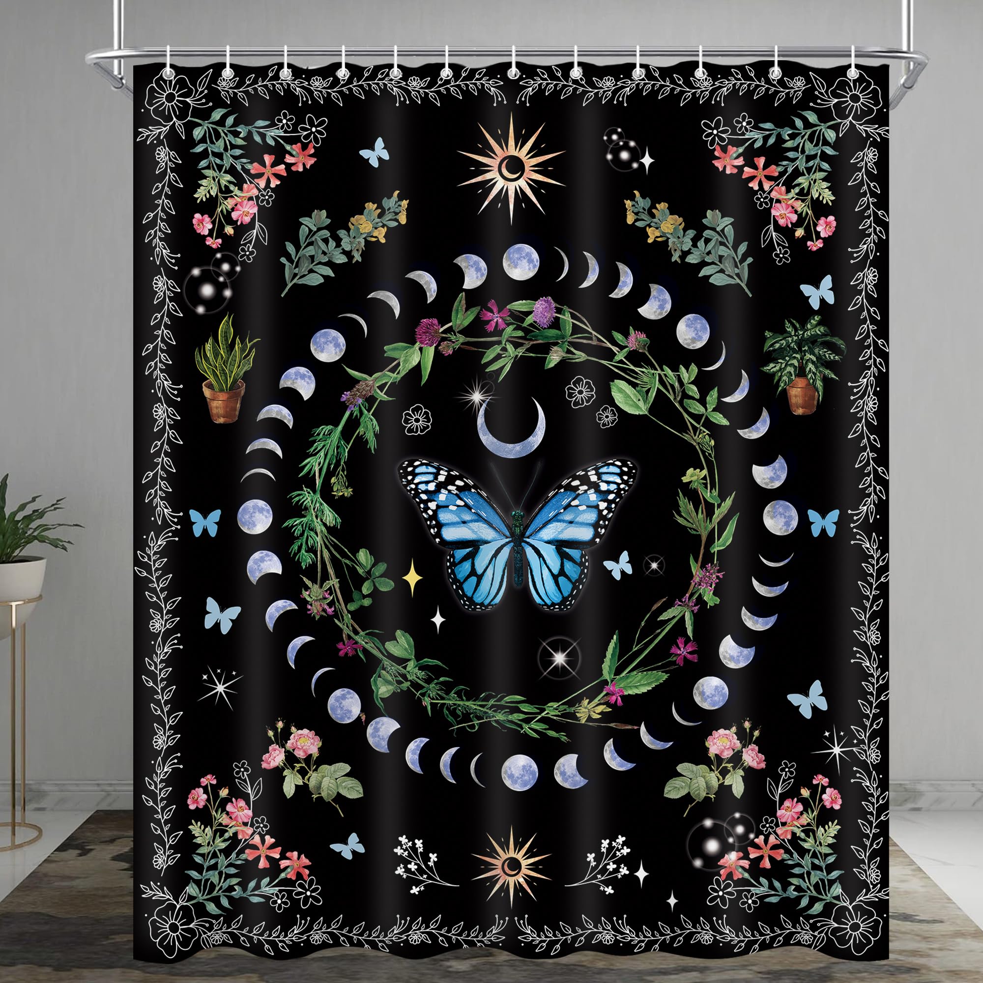 Oolygoo Witchy Boho Butterfly Shower Curtain 60''X72'' Moth Sun And Moon Phase Shower Curtain For Bathroom Hippie Flower Plant G