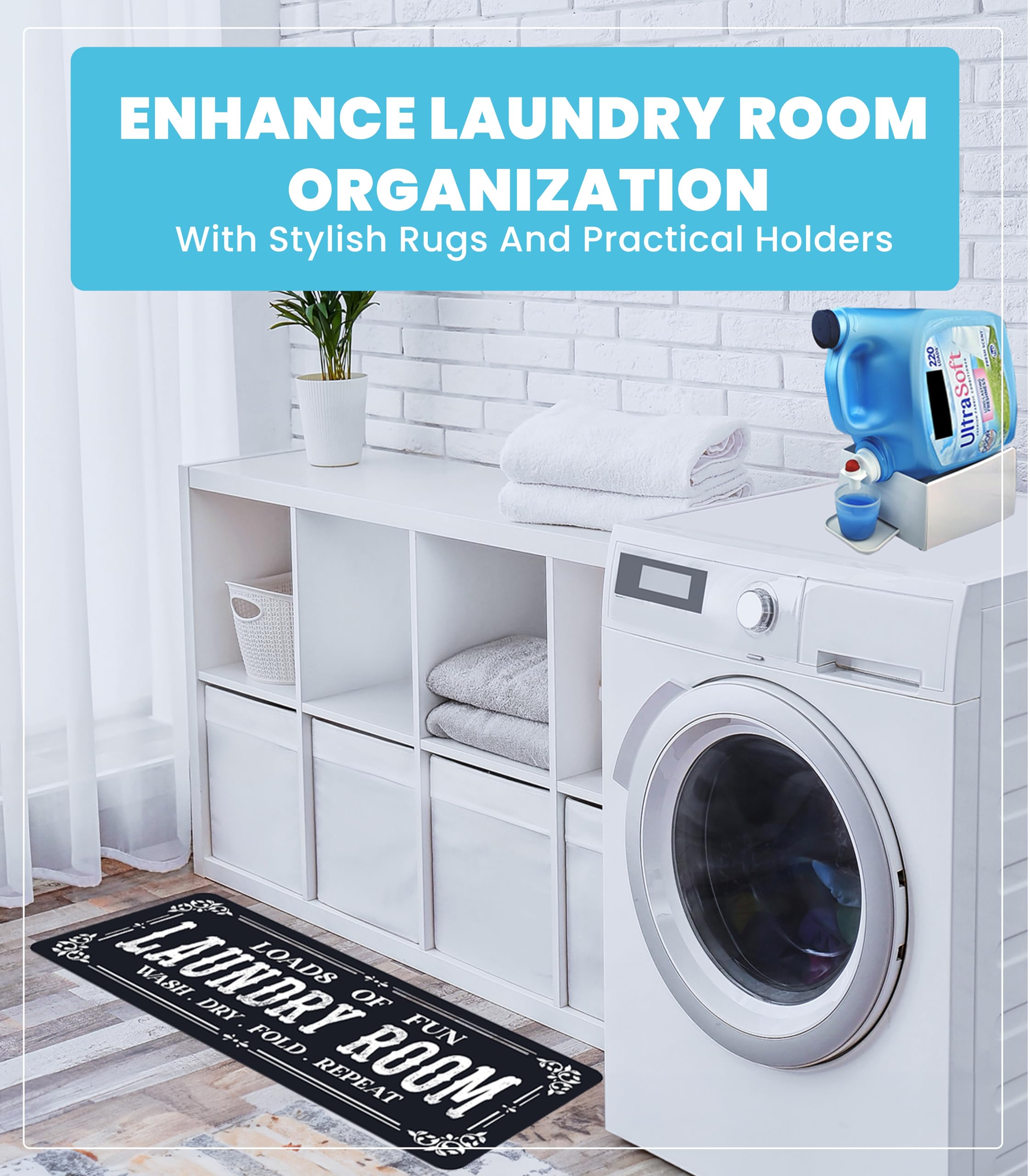 Skywin Laundry Detergent Holder With Laundry Room Rug Runner - Laundry Detergent Cup Holder With Drip Tray And Laundry Rugs For