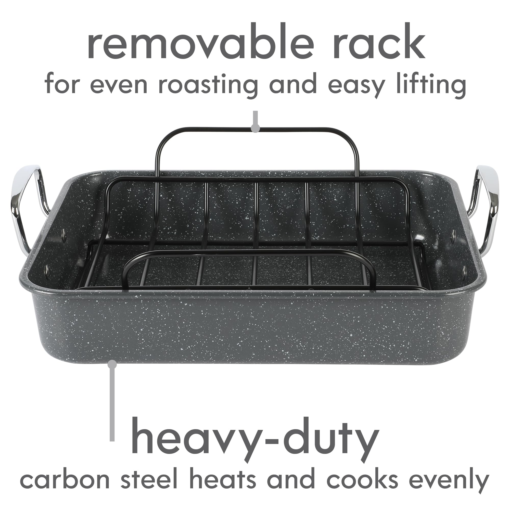 Kenmore Keaton Grey Speckle 16.5'' X 12.5'' X 3,2'' Carbon Steel Roaster W/Rack