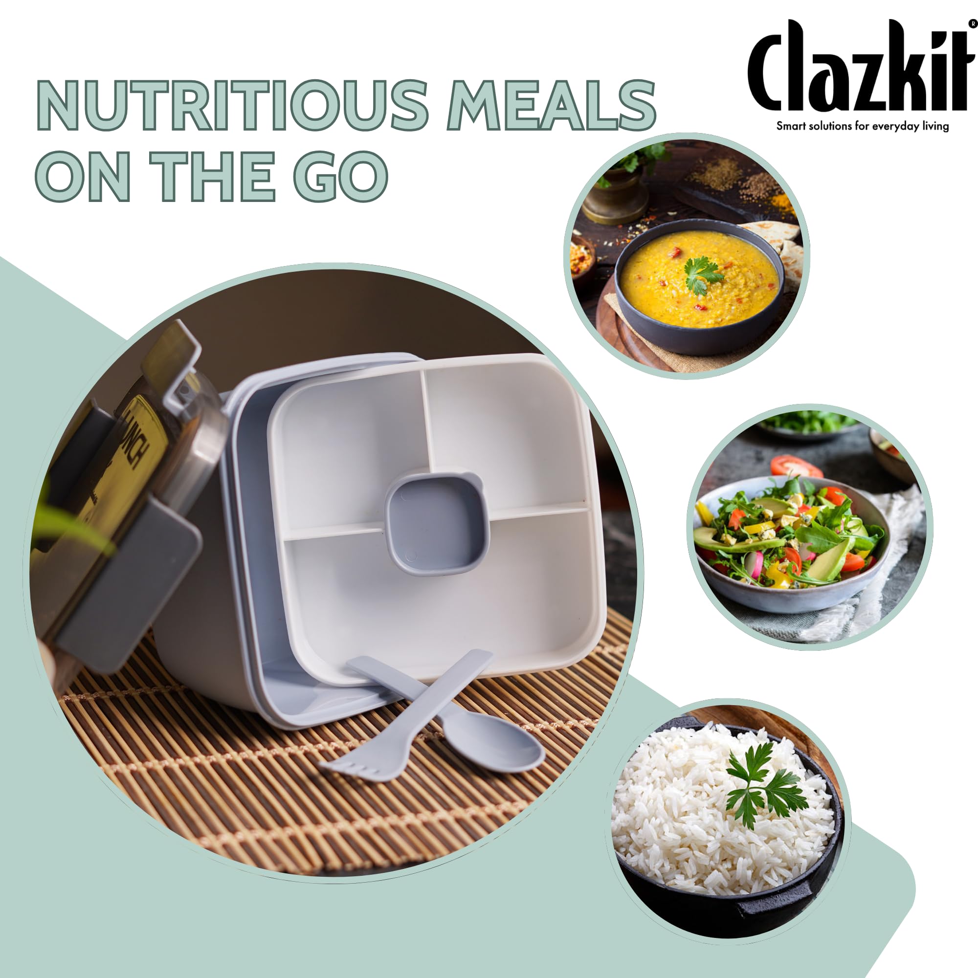 Clazkit Plastic Salad Lunch Box Container with Cutlery and Sauce Container with 5 Compartment Bento Style Tray Leak Proof Lunch