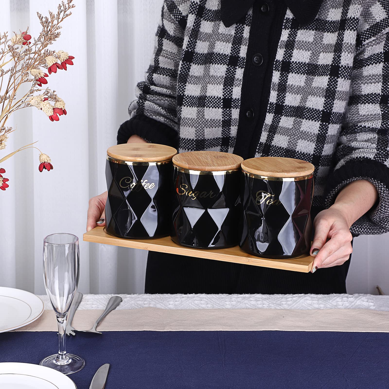 Juxyes Set Of 3 Ceramic Canisters Set For Sugar Coffee Tea, Luxurious Storage Containers Sets With Lids Decorative Storage Pots