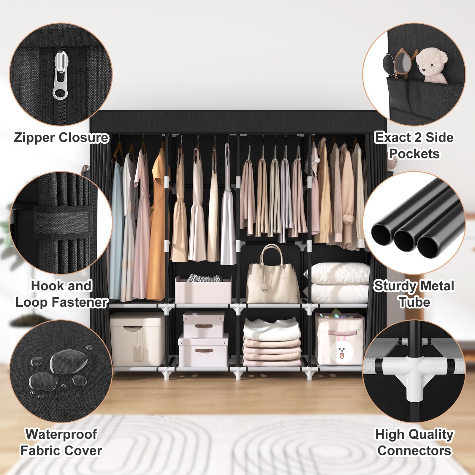 Vtrin Portable Closet For Hanging Clothes 67 Inch Wide Large Capacity Portable Wardrobe Closet With Cover, 4 Storage Shelves And