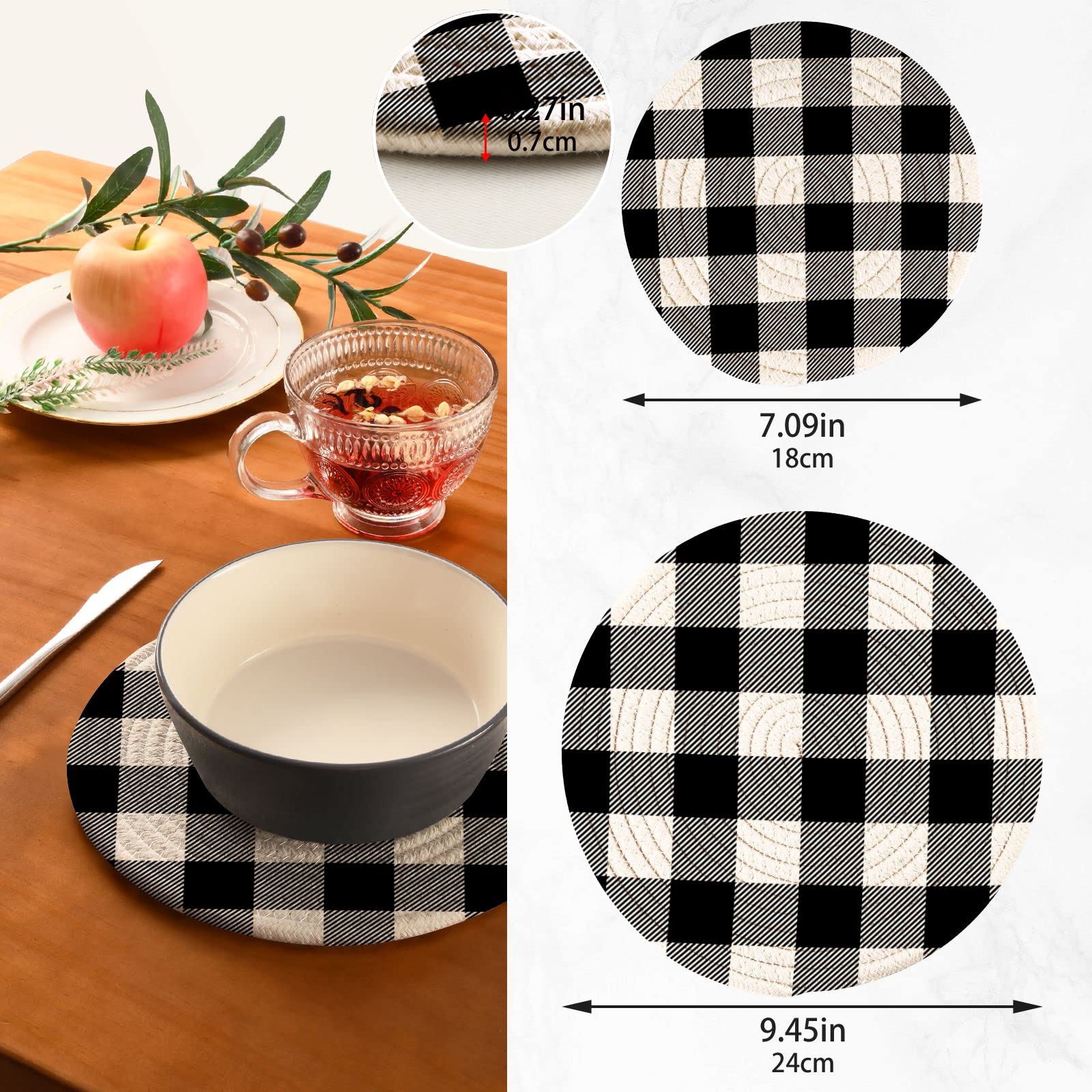 Kigai White Black Buffalo Plaid (4) Pot Holders Trivets Set 2 Pcs,Round 100% Cotton Braided Hot Pads For Hot Dishes Hot Pots And